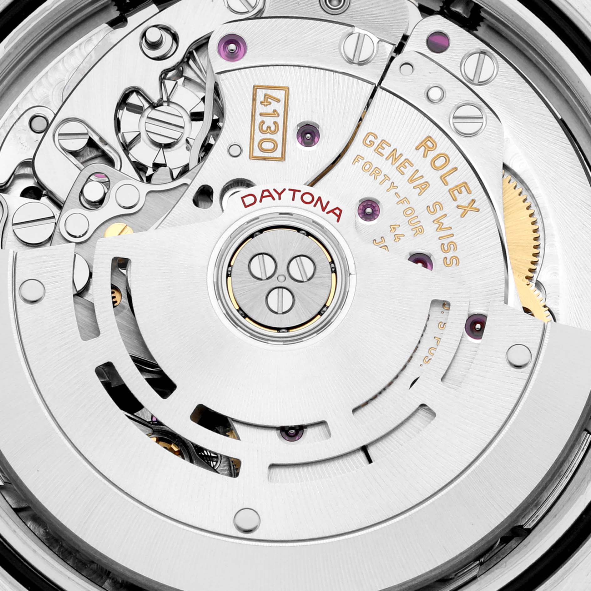 This is a close-up view of the movement of a Rolex Daytona 116500 Men's Stainless Steel White Dial 116500 Men's Stainless Steel White Dial watch, showing the intricate inner mechanisms and engravings.