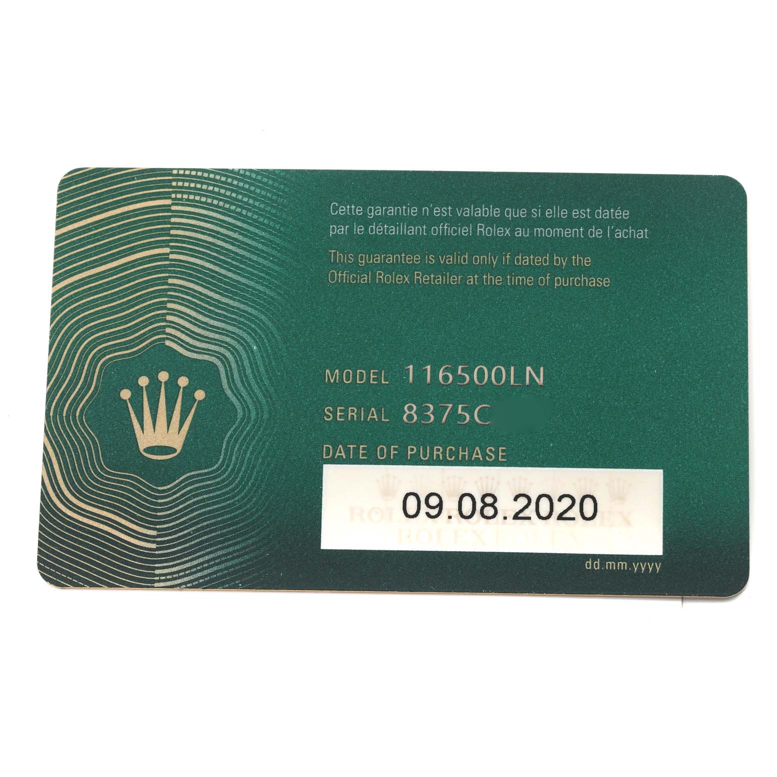 This image shows the warranty card for a Rolex Daytona 116500 Men's Stainless Steel White Dial 116500 Men's Stainless Steel White Dial model 116500LN watch.