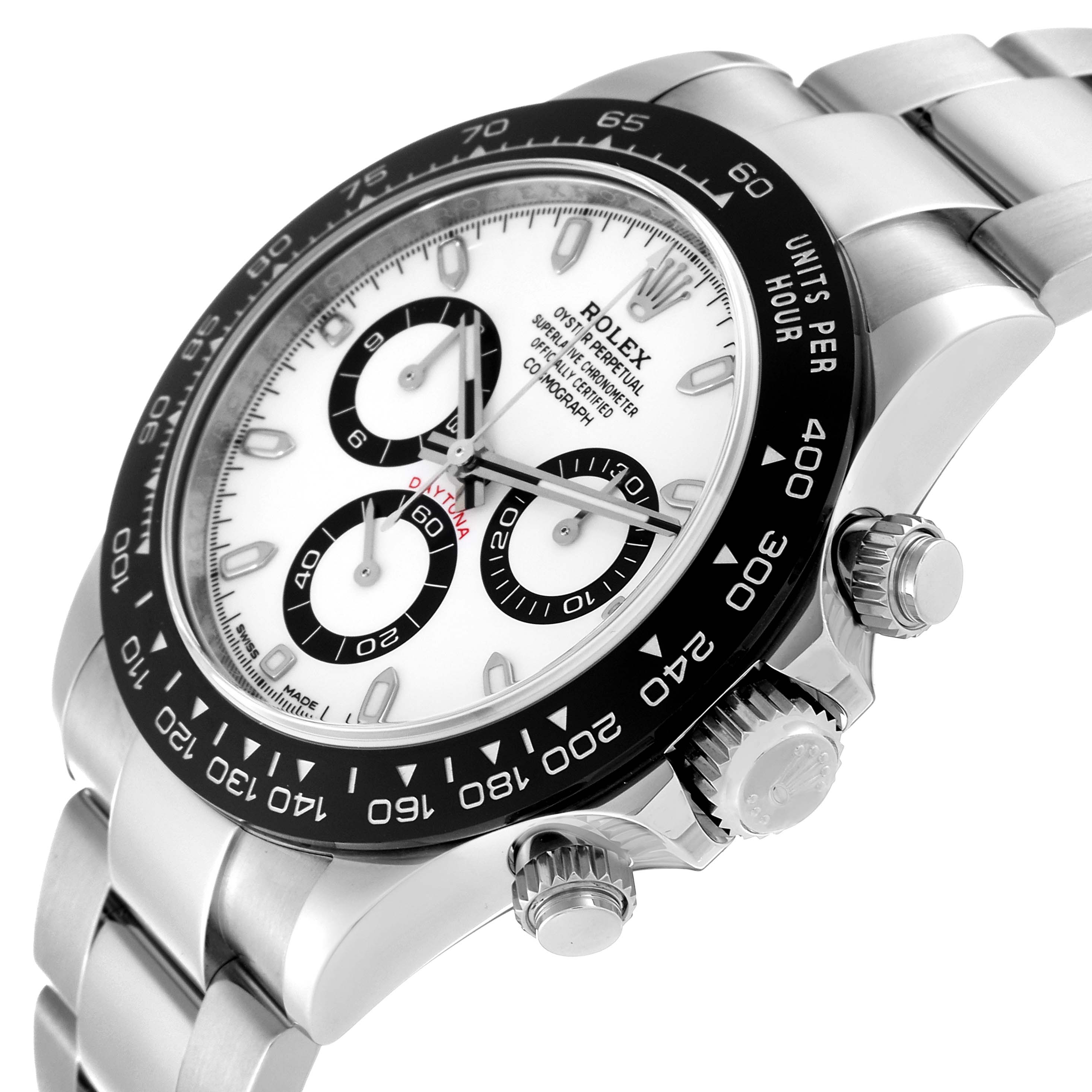 The image shows a close-up of a Rolex Daytona 116500 Men's Stainless Steel White Dial 116500 Men's Stainless Steel White Dial watch at a slight angle, highlighting its bezel, dial, and pushers.