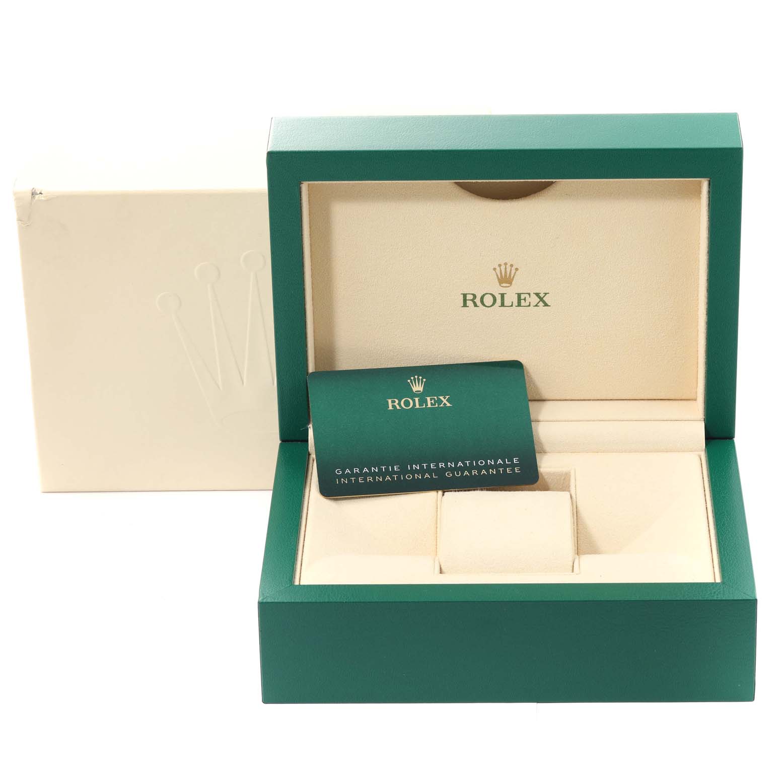 The image shows a Rolex Daytona 116500 Men's Stainless Steel White Dial 116500 Men's Stainless Steel White Dial watch box and an international guarantee card from a frontal angle.