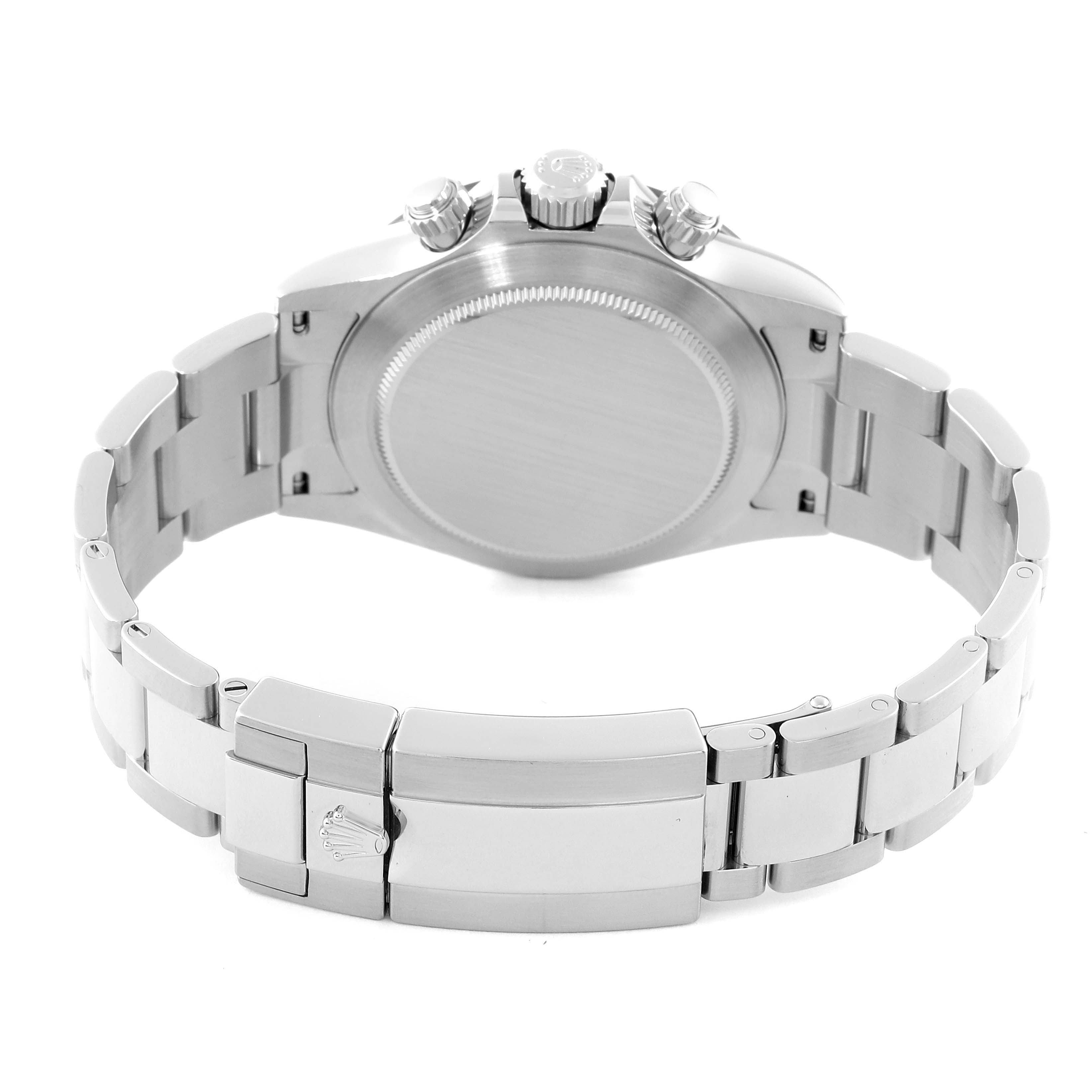 This image shows the back view of a Rolex Daytona 116500 Men's Stainless Steel White Dial 116500 Men's Stainless Steel White Dial watch, highlighting the bracelet, clasp, and the case back.