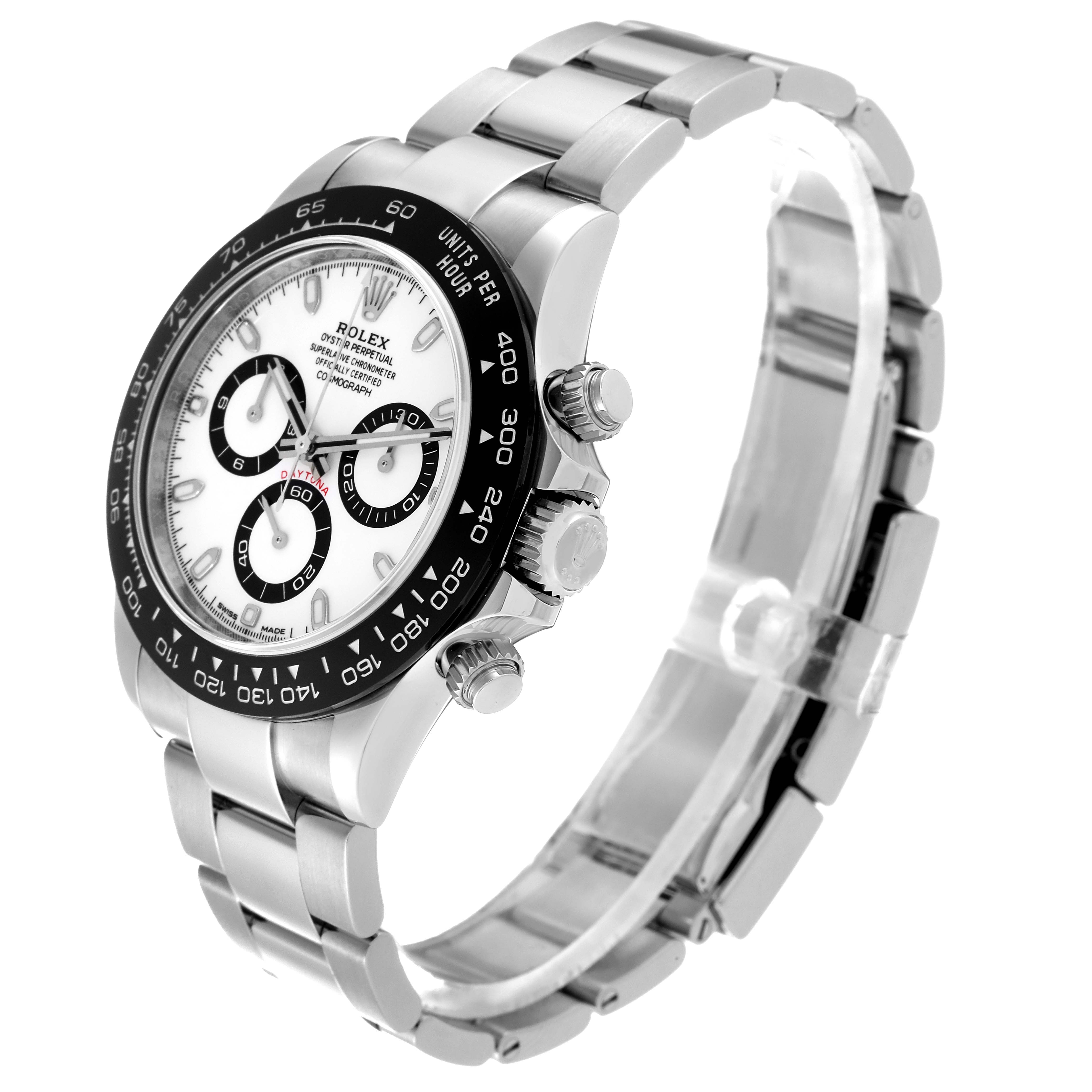 The Rolex Daytona 116500 Men's Stainless Steel White Dial 116500 Men's Stainless Steel White Dial watch is shown from an angled side view, featuring its face, bezel, pushers, and bracelet.