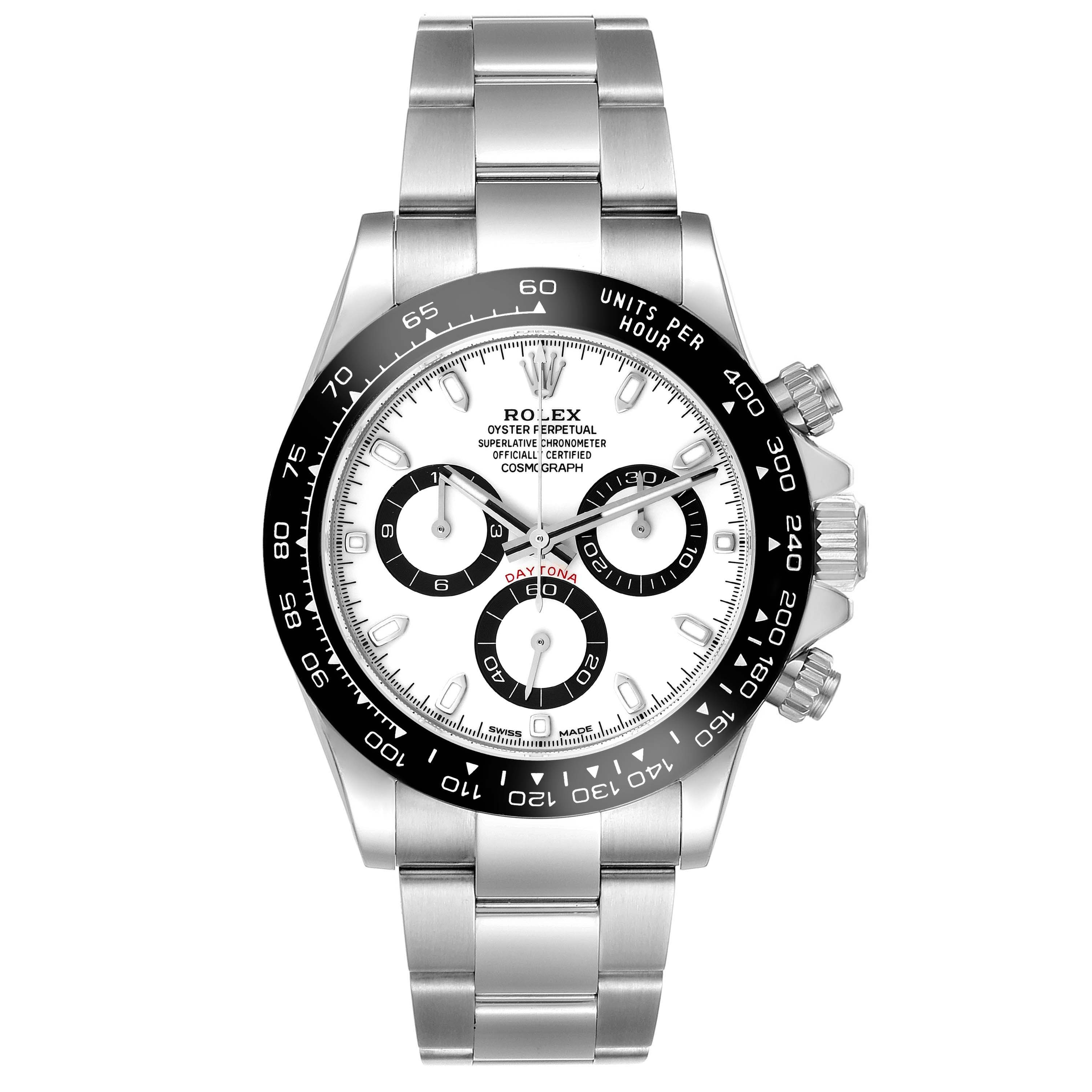 The image shows a front view of a stainless steel Rolex Daytona 116500 Men's Stainless Steel White Dial 116500 Men's Stainless Steel White Dial watch, displaying its bracelet, bezel, and chronograph subdials.