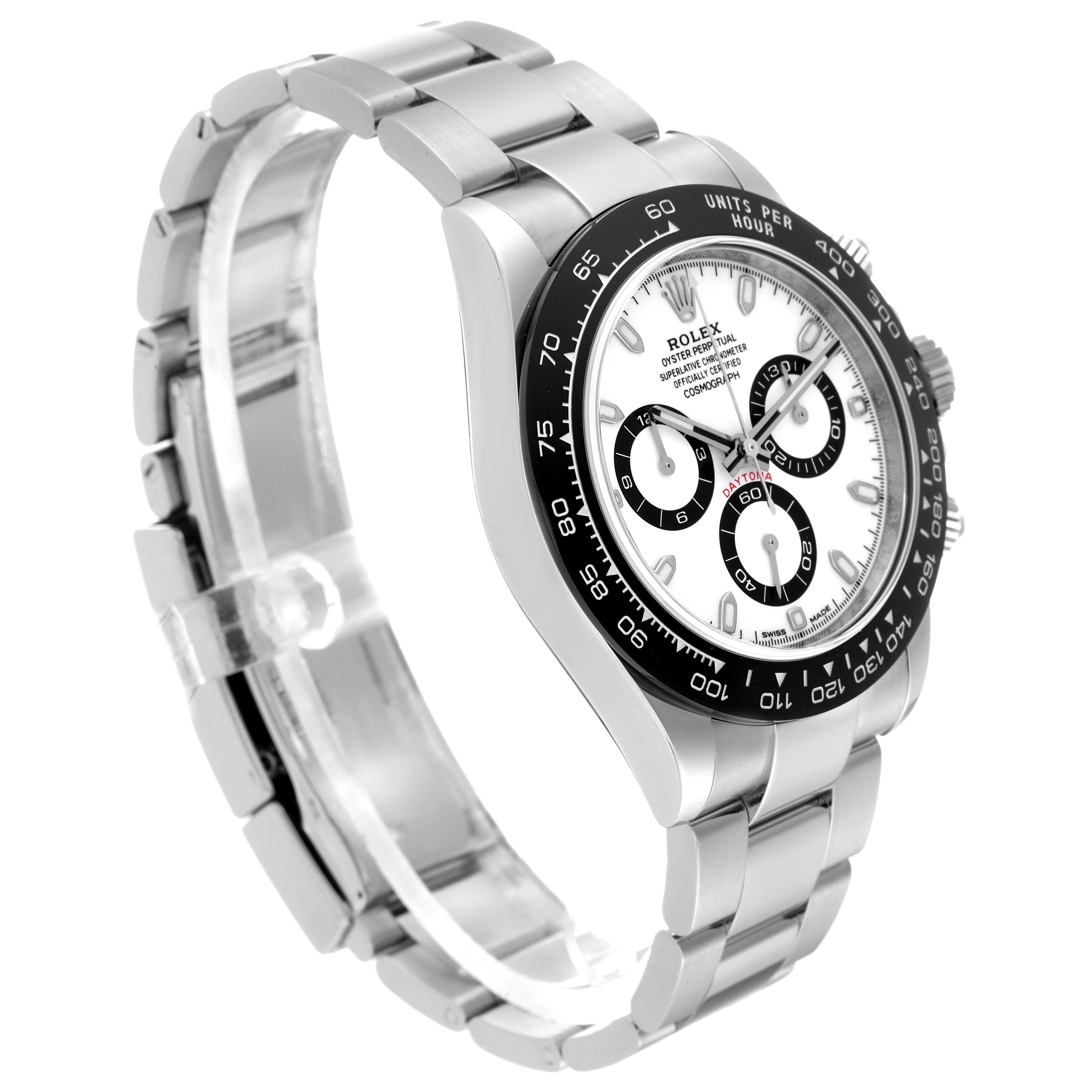 The Rolex Daytona 116500 Men's Stainless Steel White Dial 116500 Men's Stainless Steel White Dial watch is shown at an angle highlighting the dial, bezel, and bracelet.