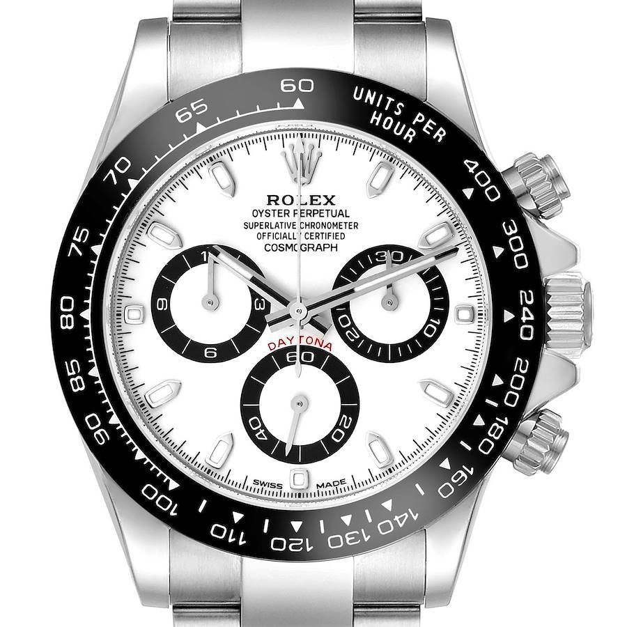 The image shows a front view of the Rolex Daytona watch, highlighting its dial, bezel, and chronograph subdials.