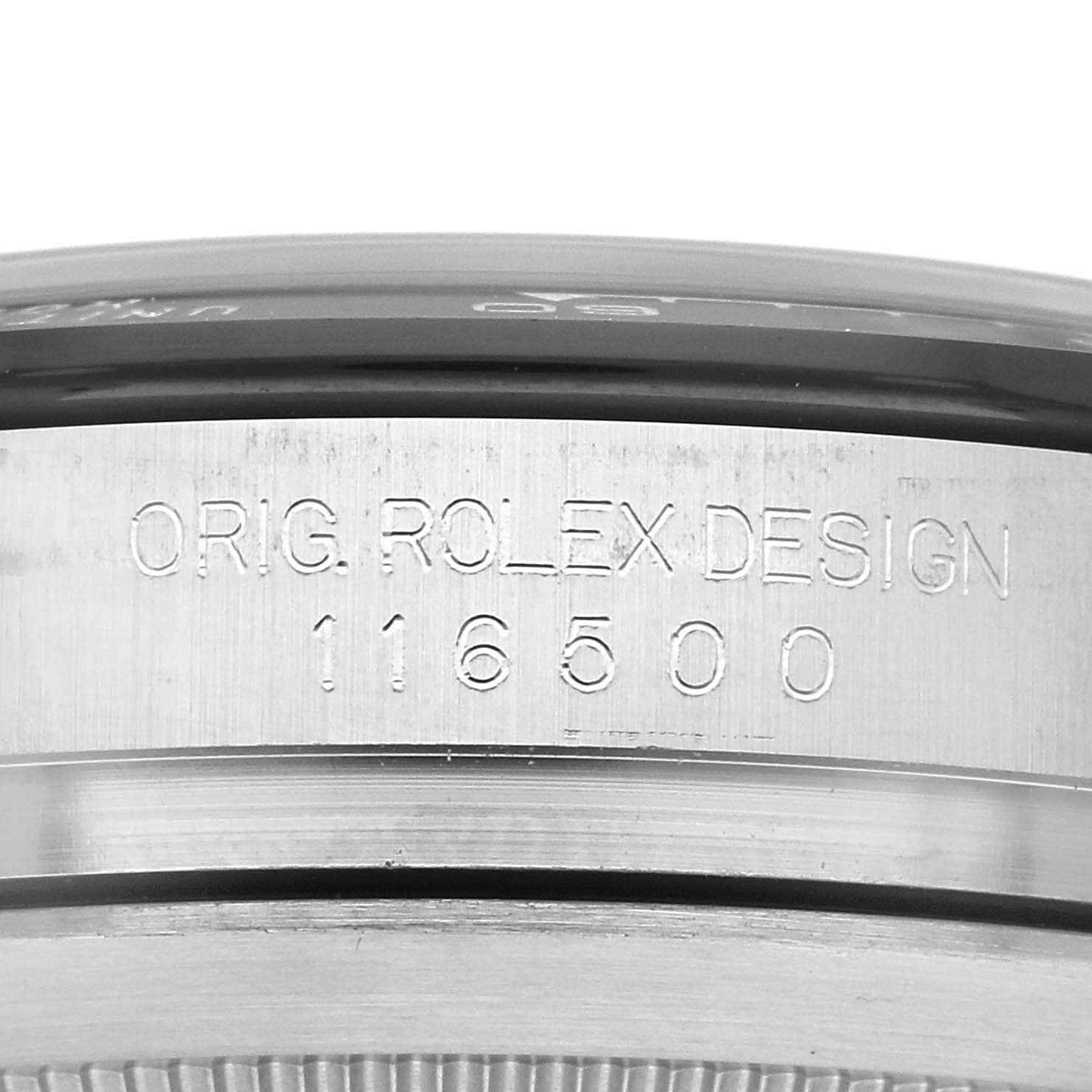 The image shows a close-up of the side of the case of a Rolex Daytona 116500 Men's Stainless Steel White Dial 116500 Men's Stainless Steel White Dial watch, displaying "ORIG. ROLEX DESIGN 116500."