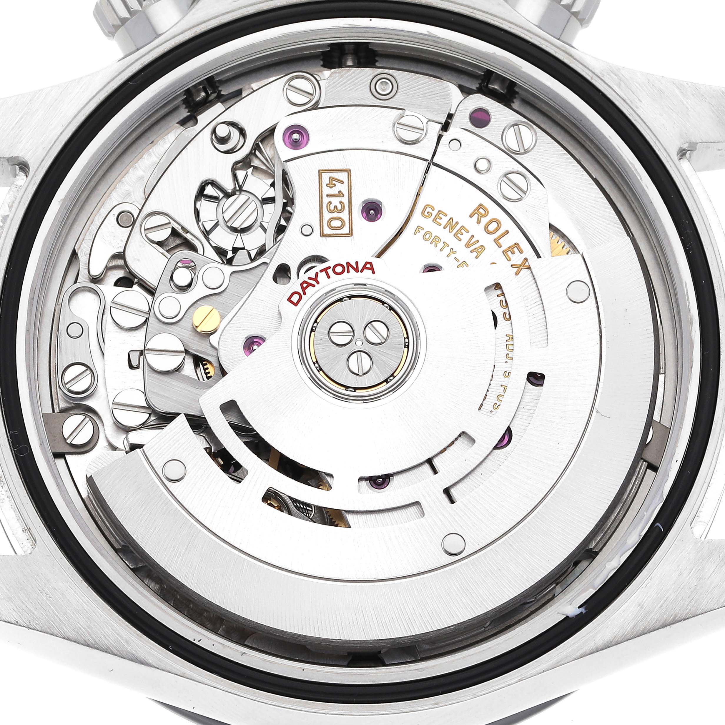 The image shows the internal mechanism and movement of a Rolex Daytona 116500 Men's Stainless Steel White Dial 116500 Men's Stainless Steel White Dial watch from a close-up, rear angle.