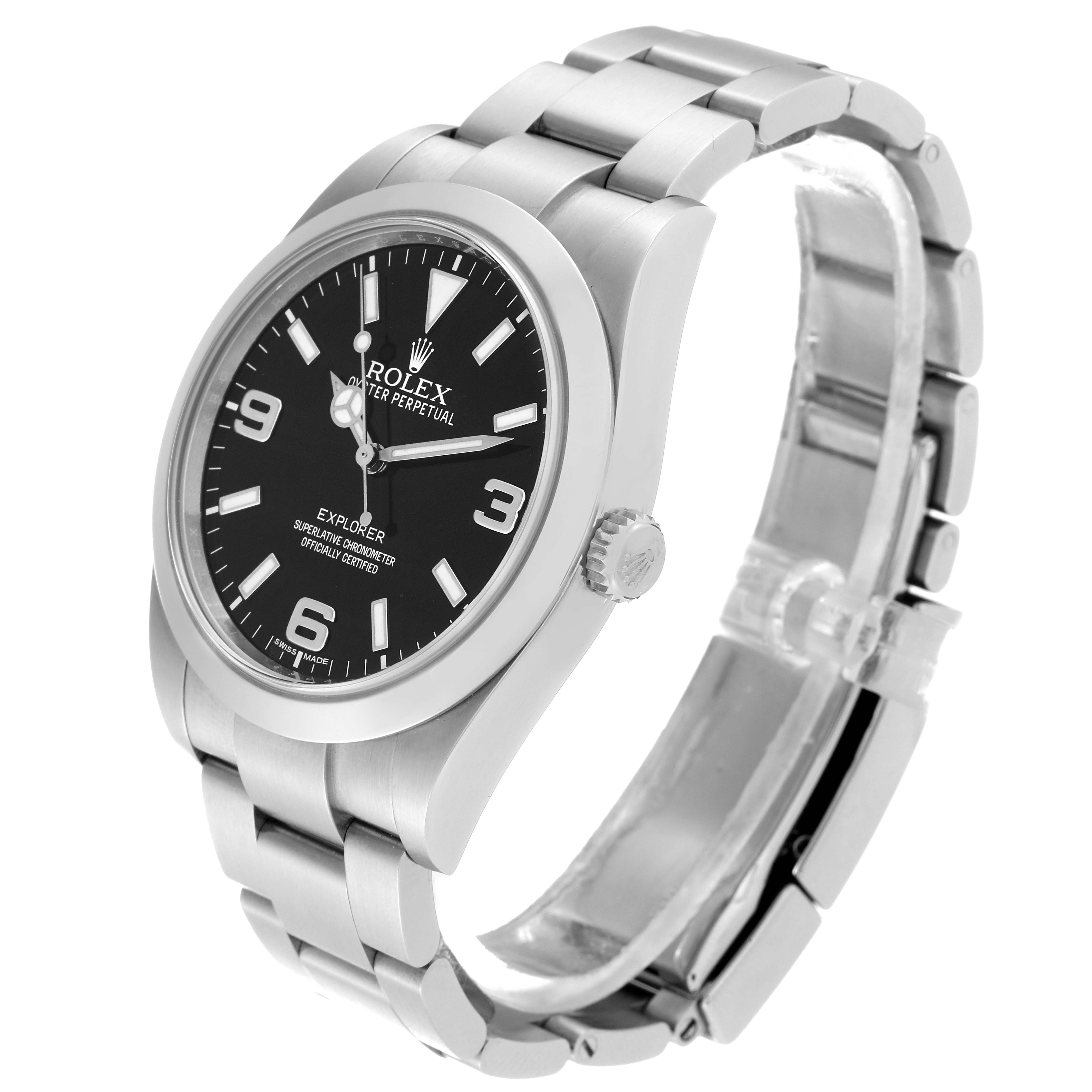 The Rolex Explorer 214270 Men
s Stainless Steel Black Dial 214270 Men
s Stainless Steel Black Dial watch is shown at a slight angle, displaying the face, bezel, crown, and the stainless steel bracelet.