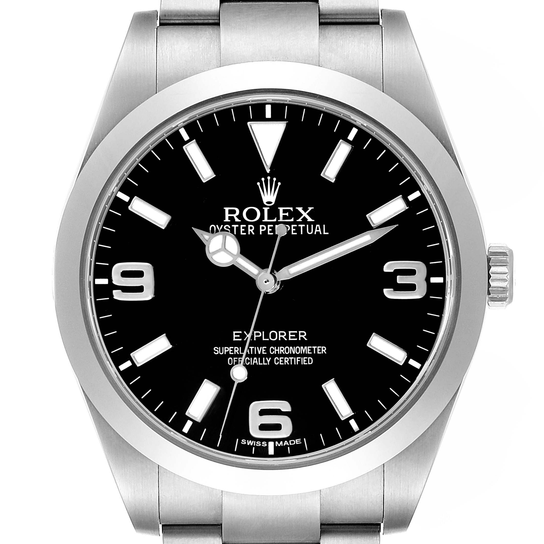 The image shows a frontal view of the Rolex Explorer 214270 Men
s Stainless Steel Black Dial 214270 Men
s Stainless Steel Black Dial model watch, highlighting its face, bezel, crown, and bracelet.