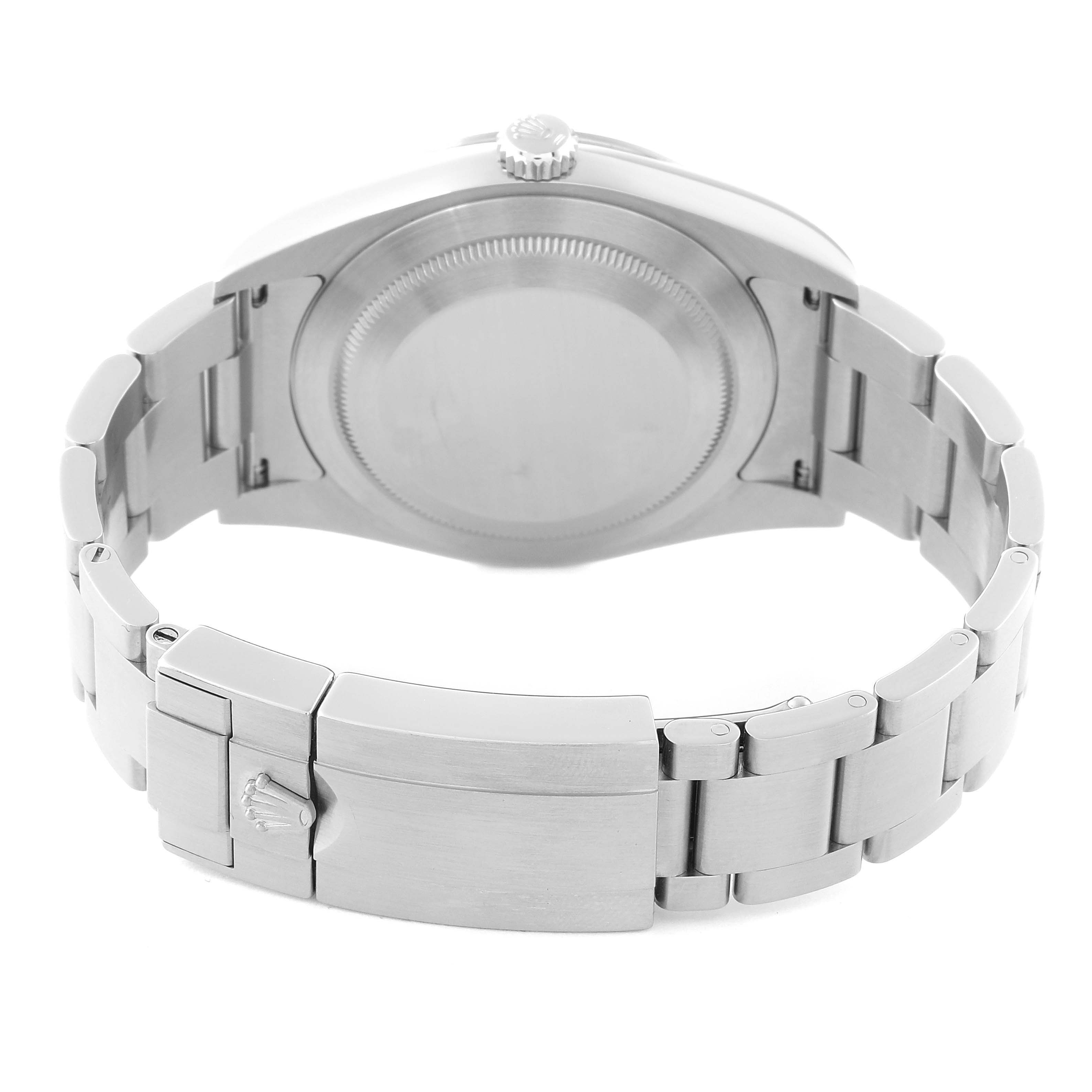 This image shows the back view of a Rolex Explorer 214270 Men
s Stainless Steel Black Dial 214270 Men
s Stainless Steel Black Dial model with its clasp, bracelet, and case back visible.