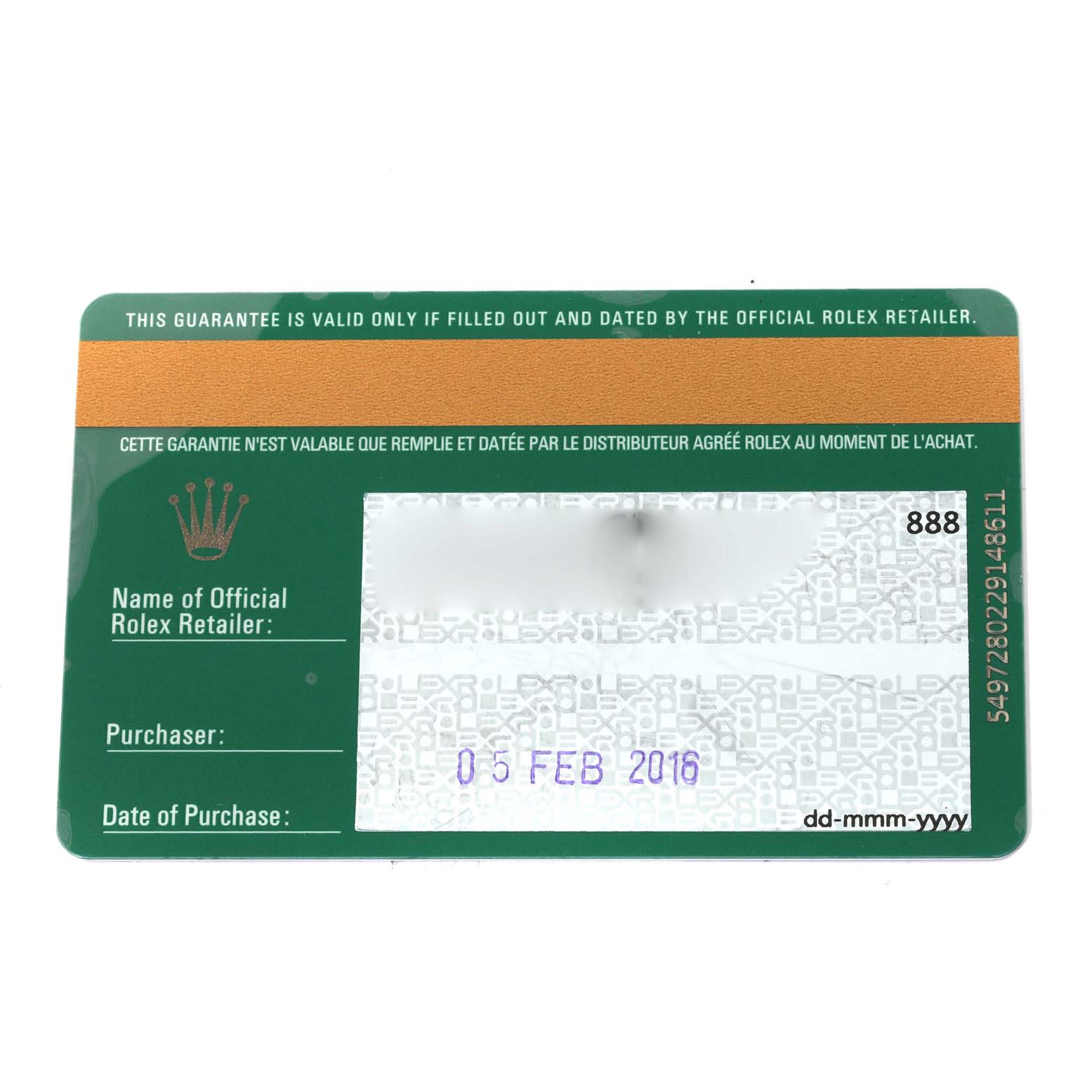 This image shows a warranty card for the Rolex Explorer 214270 Men
s Stainless Steel Black Dial 214270 Men
s Stainless Steel Black Dial model, including the purchase date and the official retailer
s section.