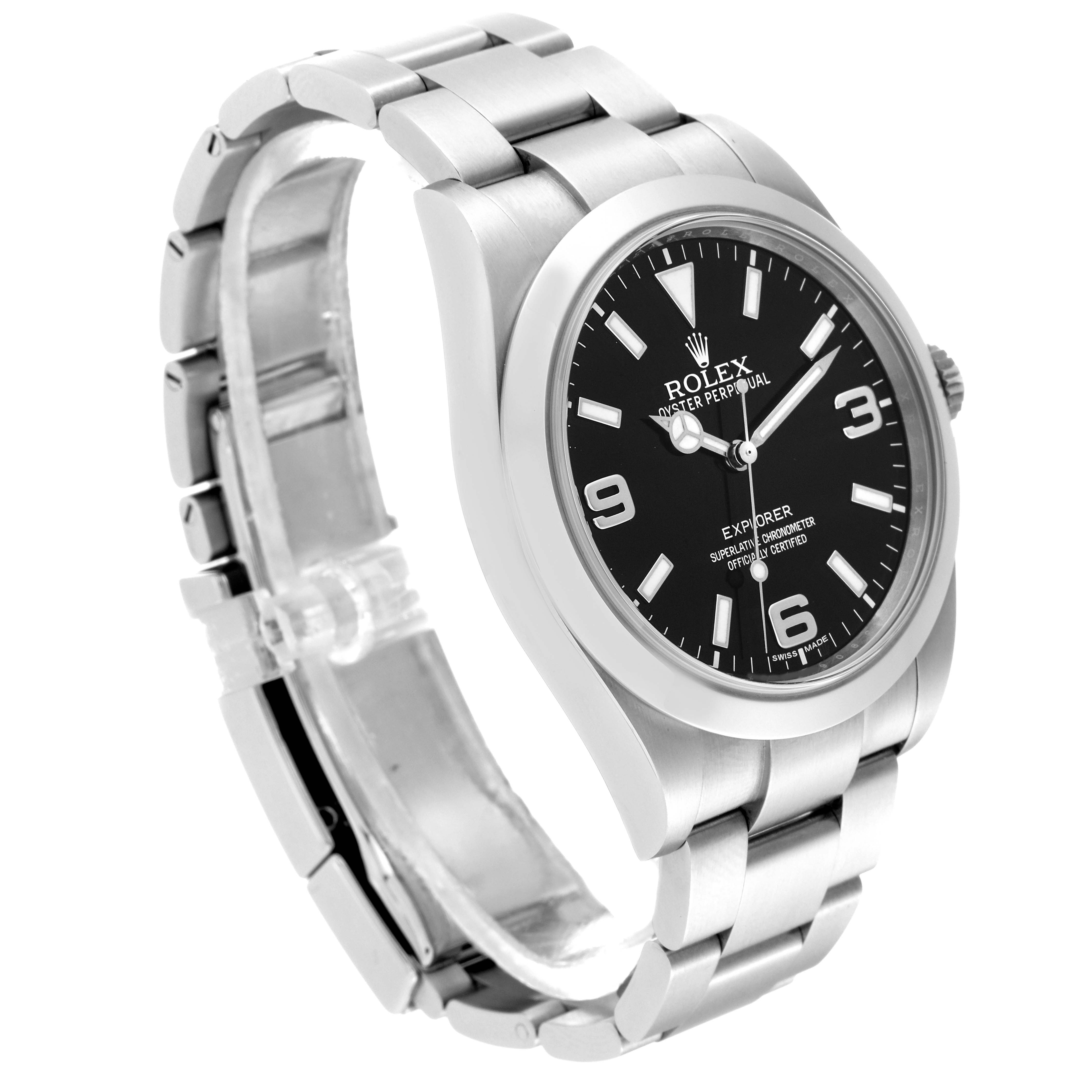 This image shows the Rolex Explorer 214270 Men
s Stainless Steel Black Dial 214270 Men
s Stainless Steel Black Dial watch at a three-quarter angle, highlighting the dial, bezel, and bracelet.