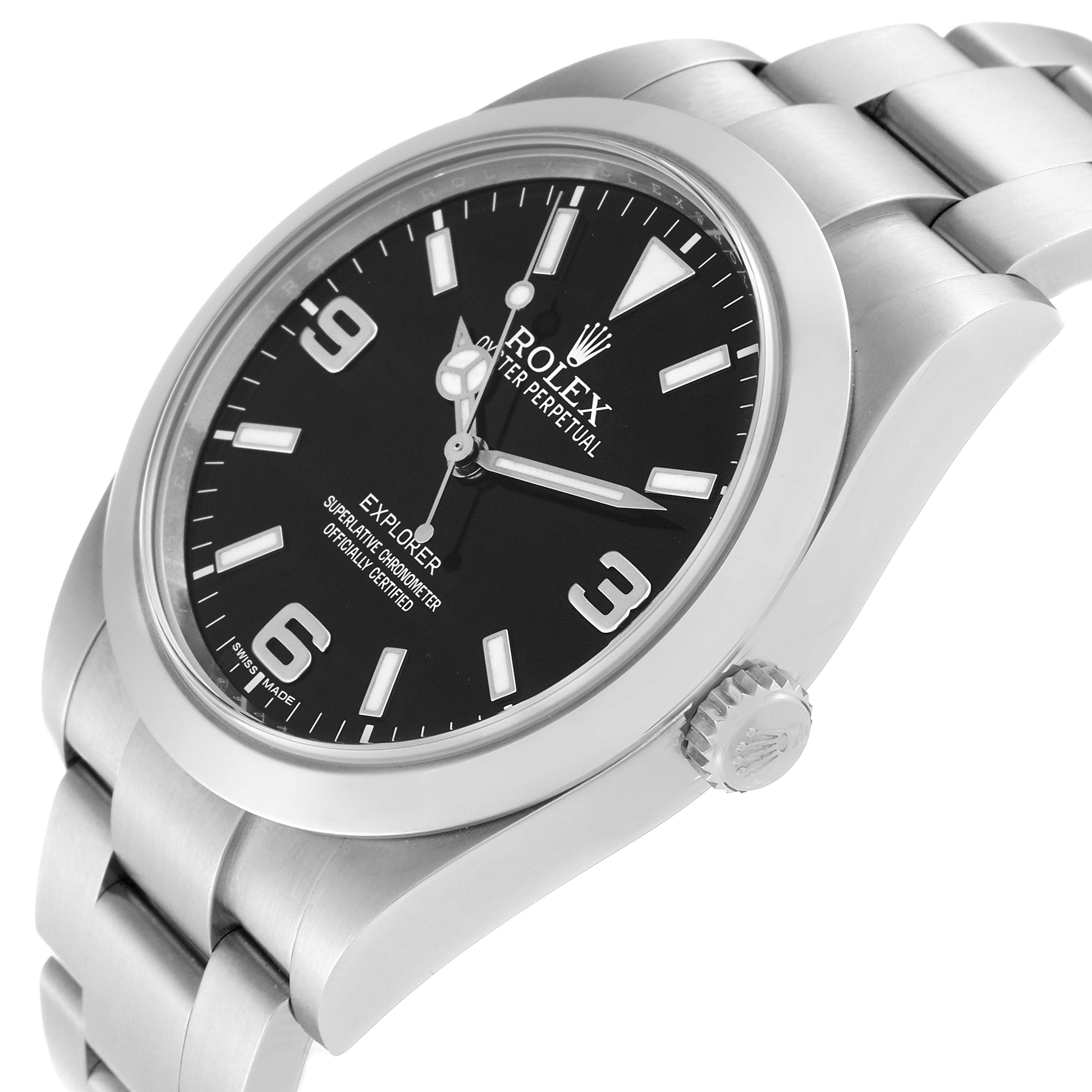 The image shows a side angle view of the Explorer model by Rolex, highlighting the face, crown, and part of the bracelet.