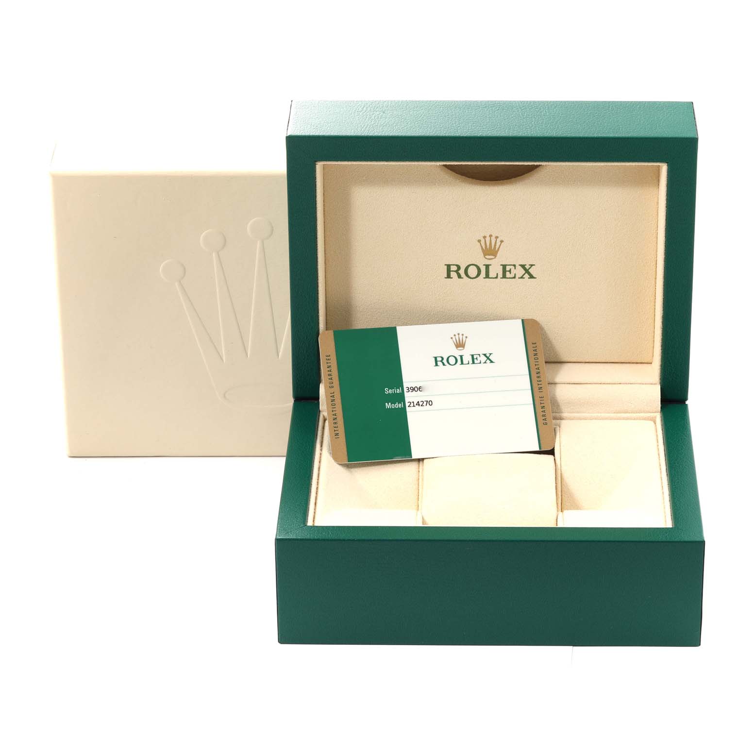 The image shows the packaging, warranty card, and inner box of a Rolex Explorer 214270 Men
s Stainless Steel Black Dial 214270 Men
s Stainless Steel Black Dial watch.