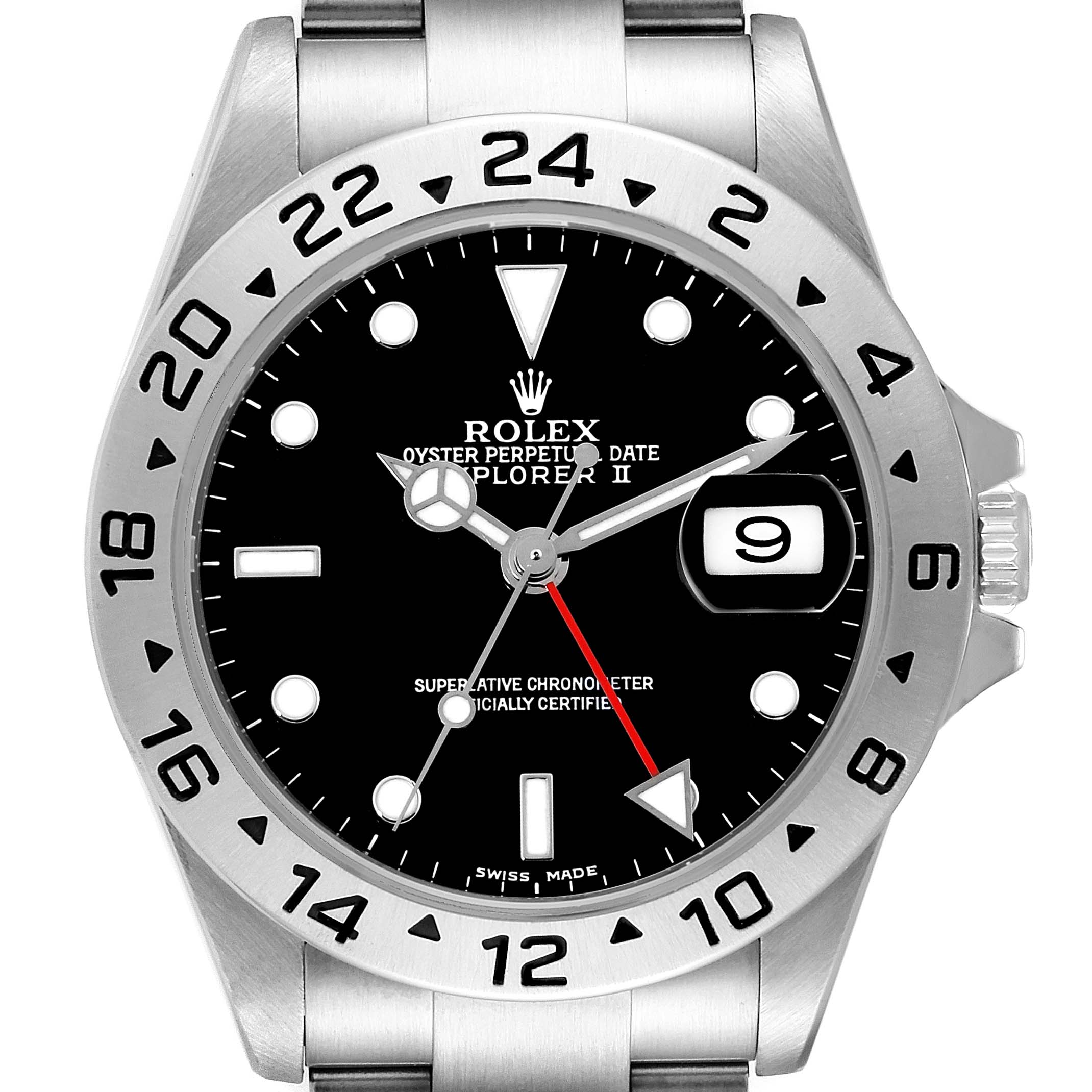 The image shows a front view of a Rolex Explorer 16570 Men
s Stainless Steel Black Dial 16570 Men
s Stainless Steel Black Dial watch, displaying the dial, bezel, crown, and part of the bracelet.