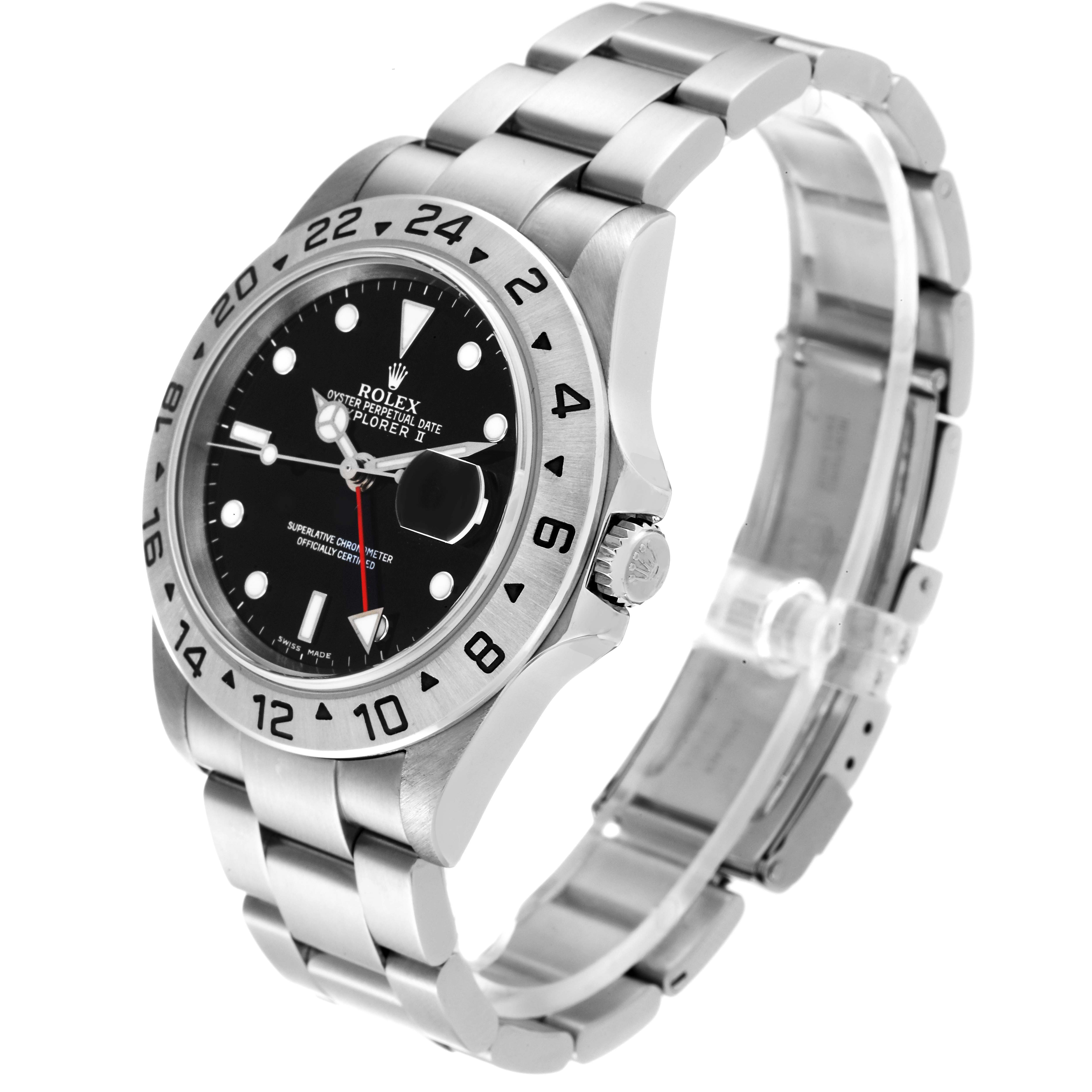 The image shows a Rolex Explorer 16570 Men
s Stainless Steel Black Dial 16570 Men
s Stainless Steel Black Dial watch from an angled side view, highlighting the dial, bezel, crown, and bracelet.