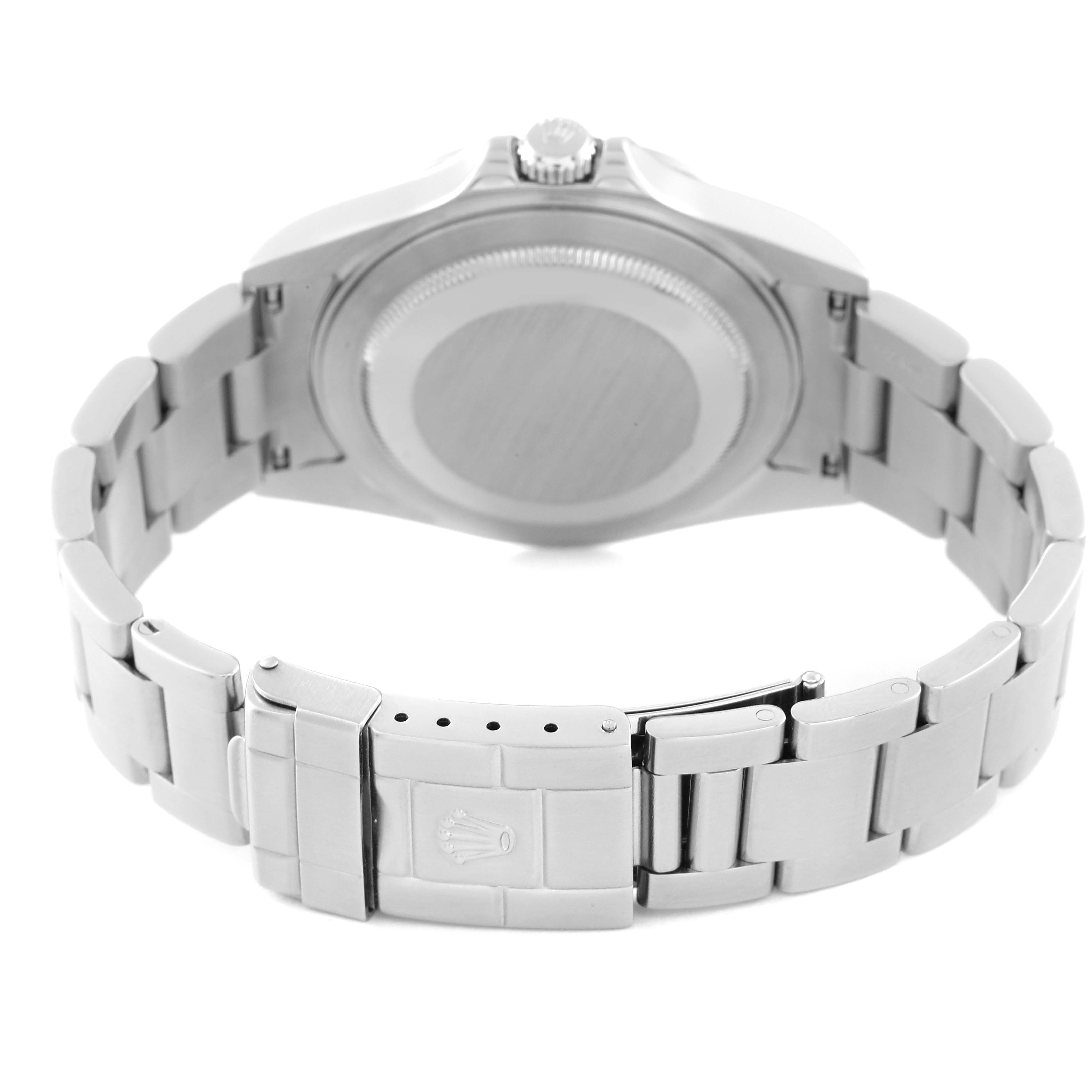 This image shows the case back, clasp, and bracelet of a Rolex Explorer 16570 Men
s Stainless Steel Black Dial 16570 Men
s Stainless Steel Black Dial watch from a rear angle.