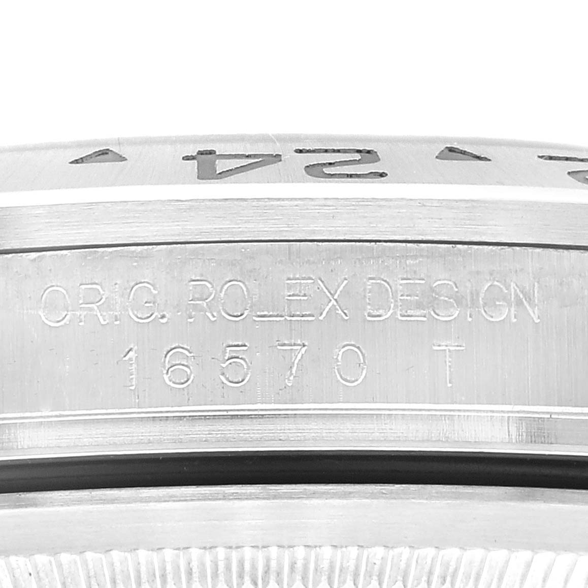 The image shows a close-up of the bezel and case side of a Rolex Explorer 16570 Men
s Stainless Steel Black Dial 16570 Men
s Stainless Steel Black Dial watch with engraving details.