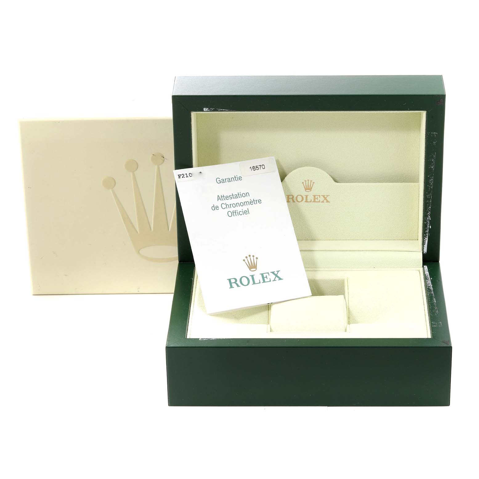 This image shows the open packaging of a Rolex Explorer 16570 Men
s Stainless Steel Black Dial 16570 Men
s Stainless Steel Black Dial watch, including the green box, cushion, and warranty card.