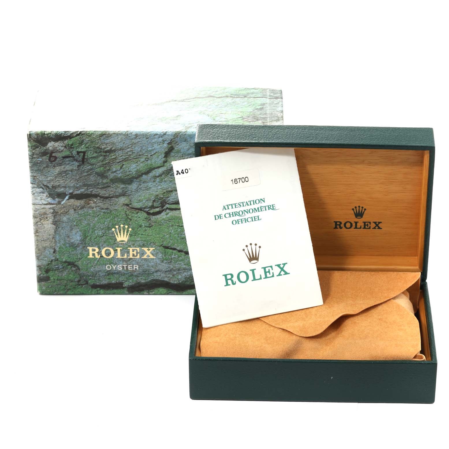 The image shows the packaging box, open case, document, and a pouch for the Rolex GMT-Master 16700 Men's Stainless Steel Black Dial 16700 Men's Stainless Steel Black Dial model.