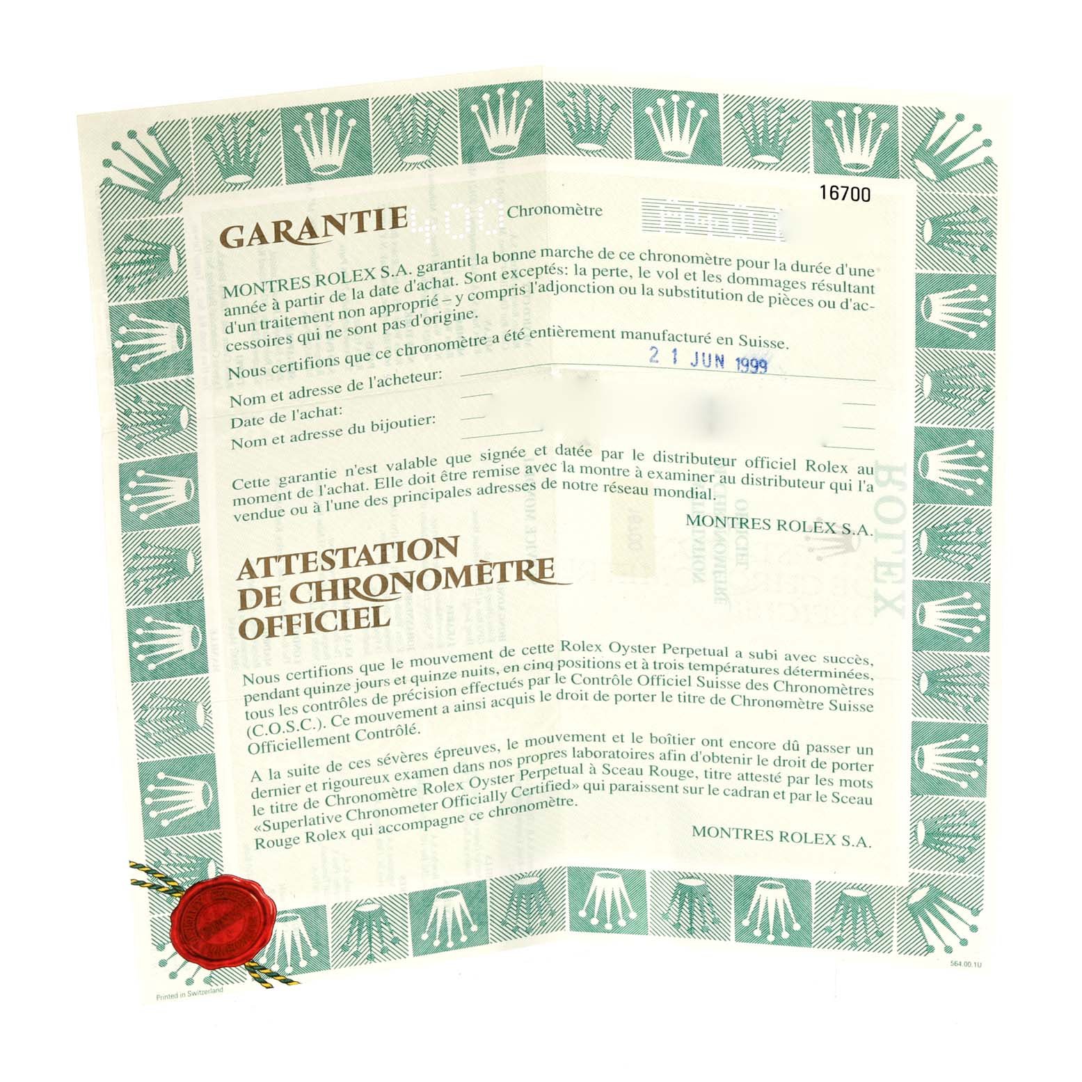 This is a Rolex GMT-Master 16700 Men's Stainless Steel Black Dial 16700 Men's Stainless Steel Black Dial model's warranty and official chronometer certificate, dated June 21, 1999.