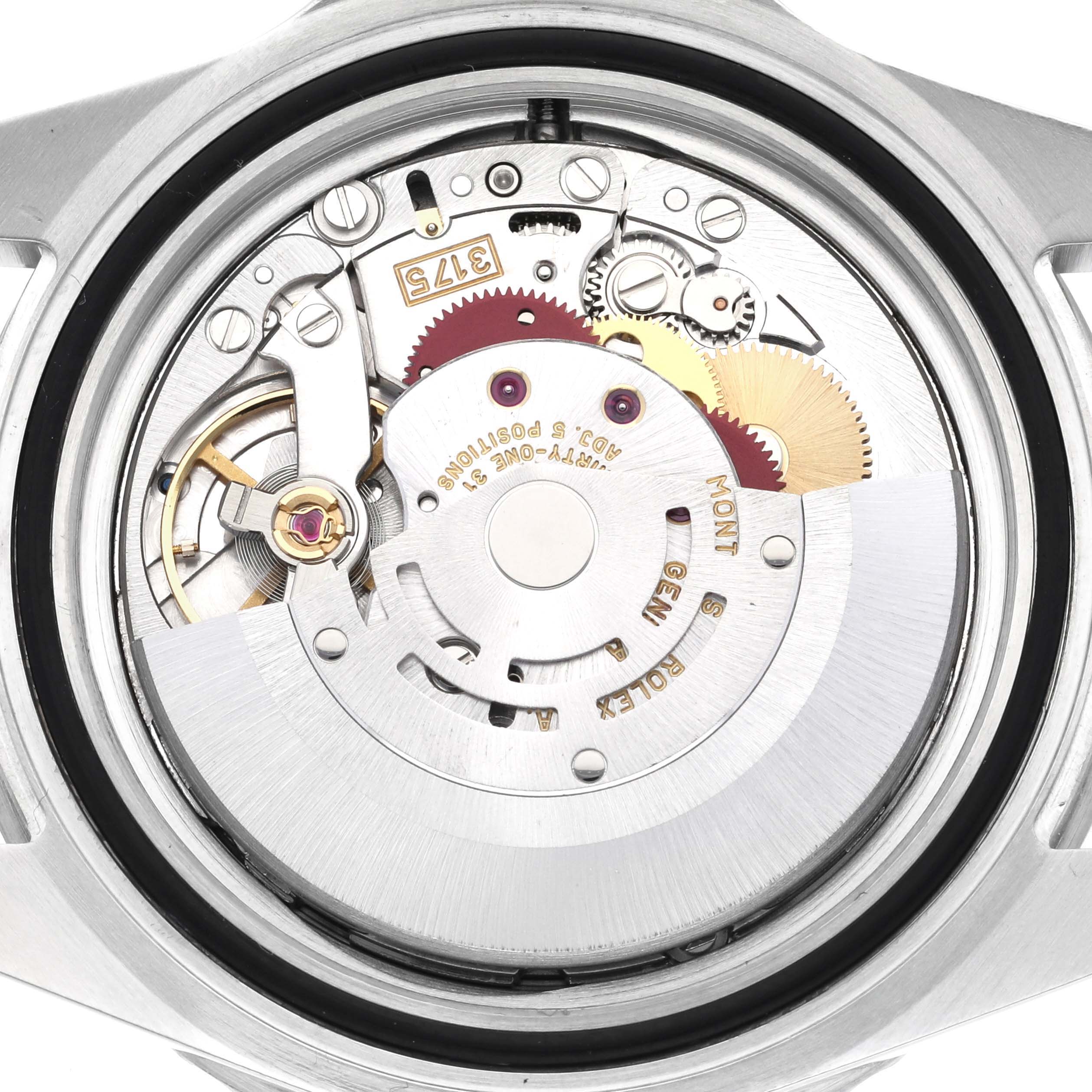 This image shows the movement and internal mechanics of a Rolex GMT-Master 16700 Men's Stainless Steel Black Dial 16700 Men's Stainless Steel Black Dial watch from a rear angle.