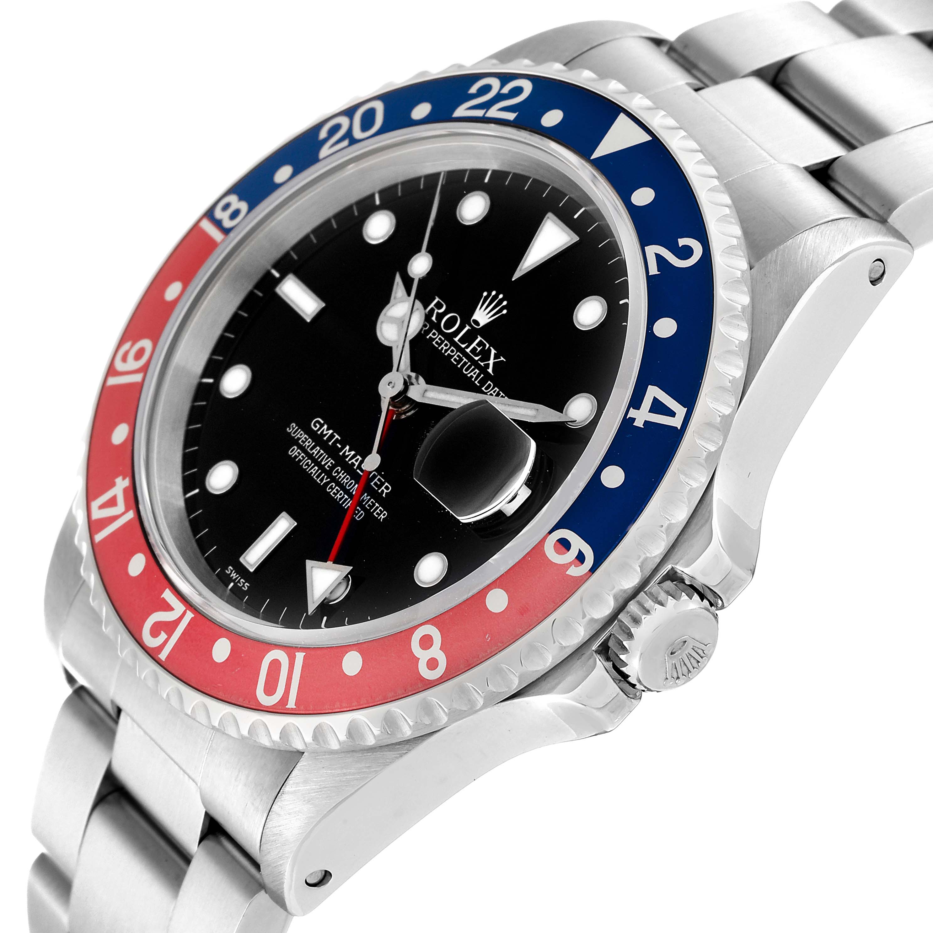 The image shows a Rolex GMT-Master 16700 Men's Stainless Steel Black Dial 16700 Men's Stainless Steel Black Dial watch at an oblique angle, highlighting the bezel, crown, and part of the bracelet.