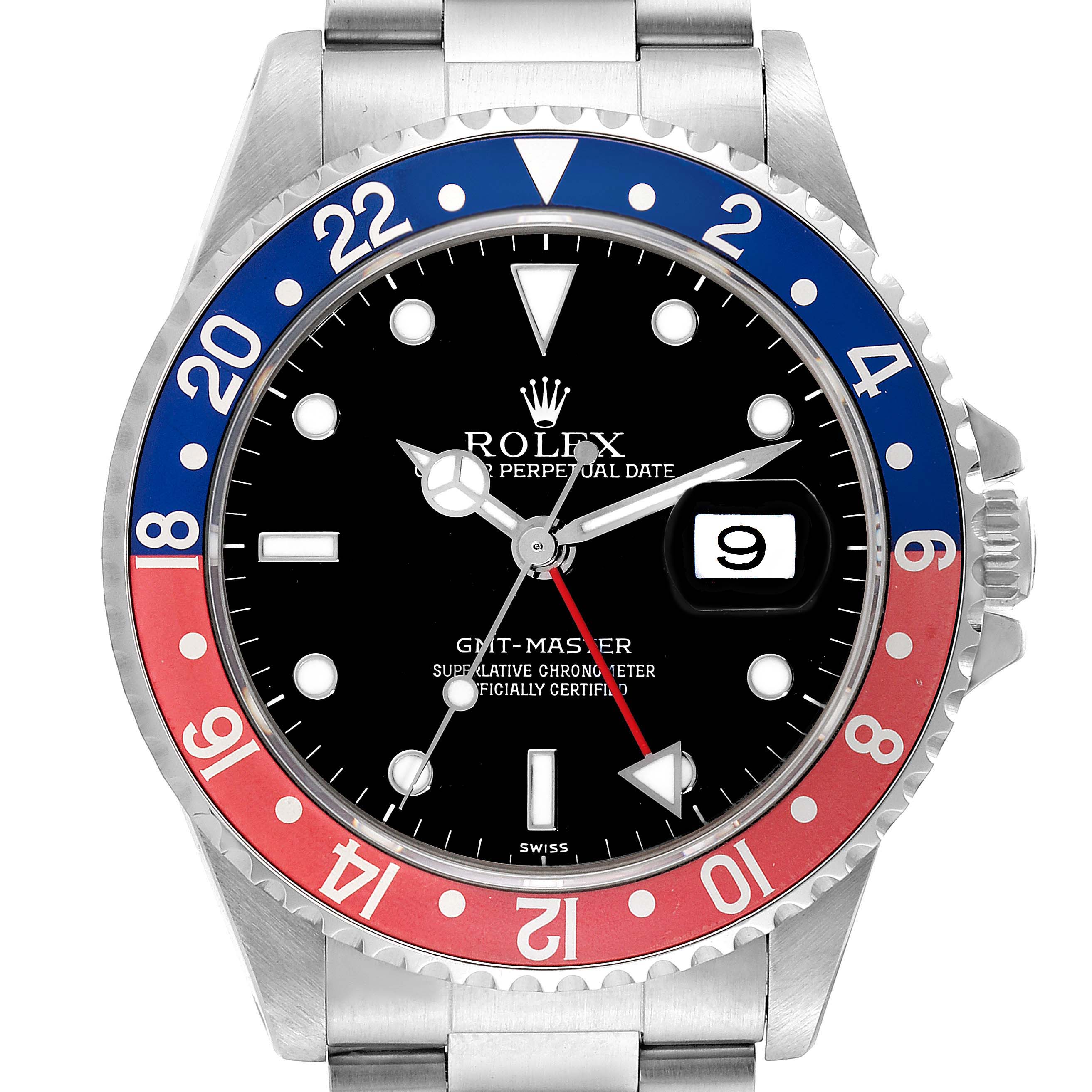 The image shows a front view of the Rolex GMT-Master 16700 Men's Stainless Steel Black Dial 16700 Men's Stainless Steel Black Dial watch, highlighting the dial, bezel, and bracelet.