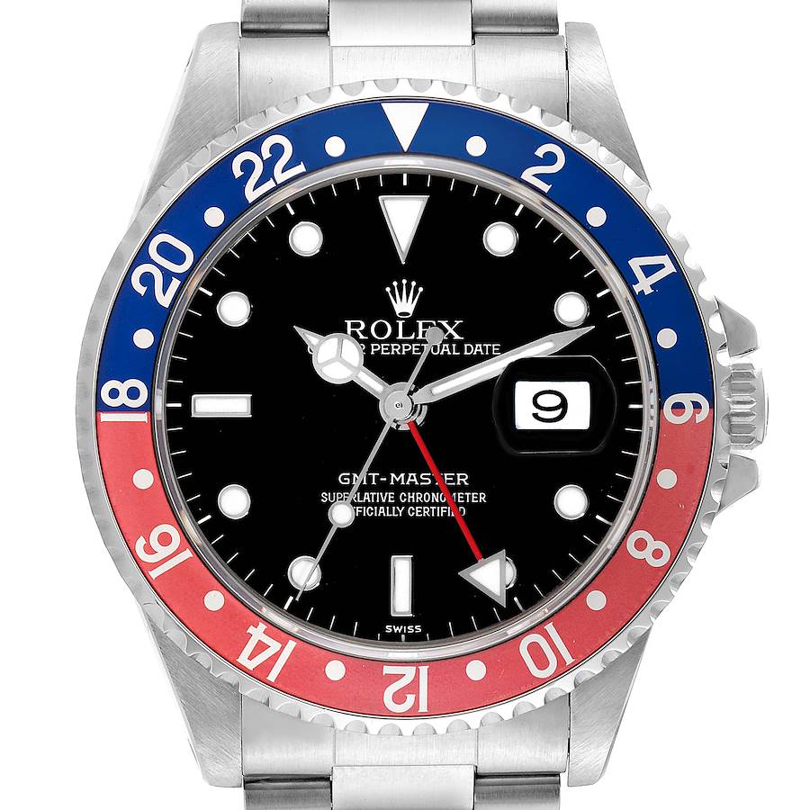 The image shows a front view of the Rolex GMT-Master watch, highlighting the dial, bezel, and bracelet.