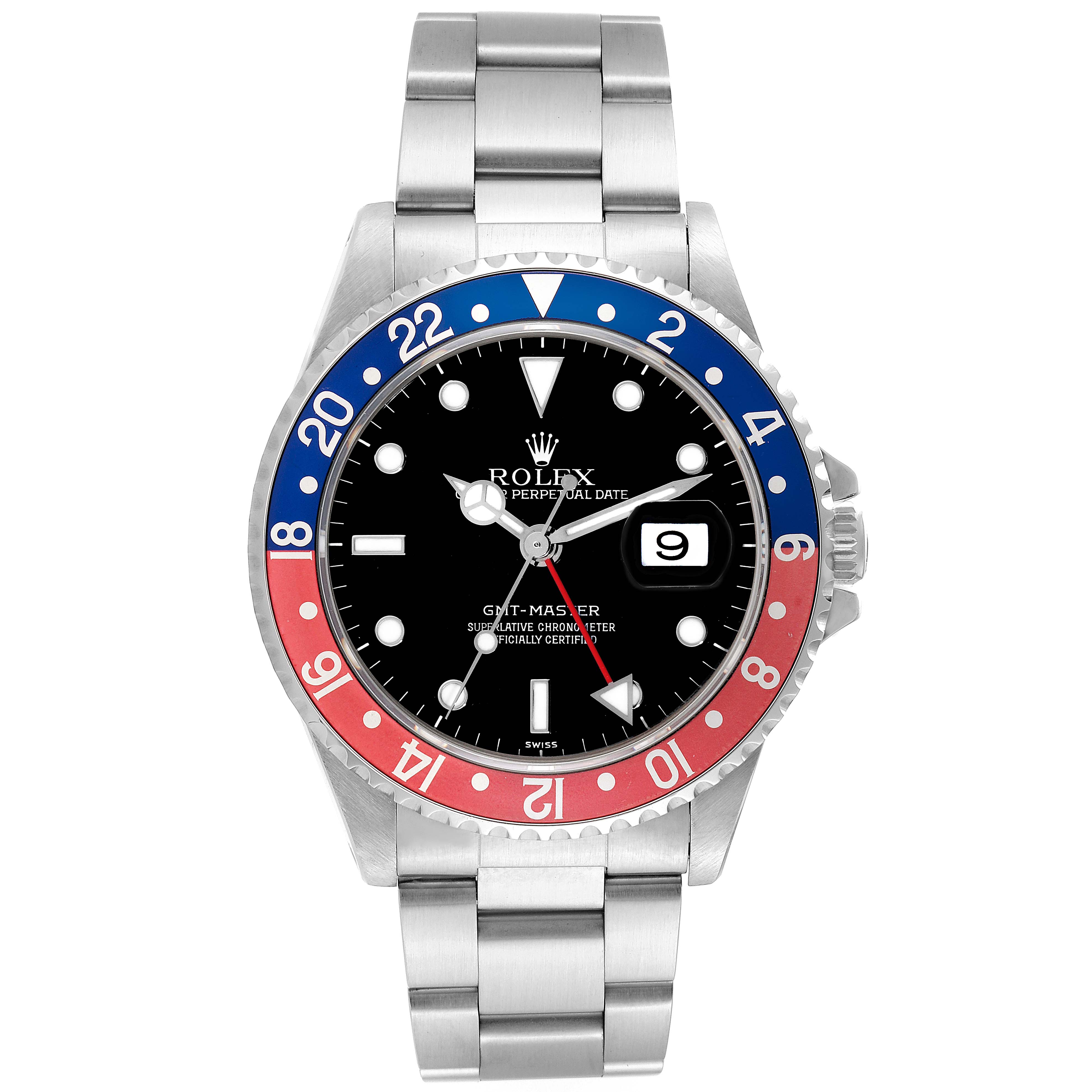 This image shows a Rolex GMT-Master 16700 Men's Stainless Steel Black Dial 16700 Men's Stainless Steel Black Dial watch from a front angle, highlighting its bezel, dial, and stainless steel bracelet.