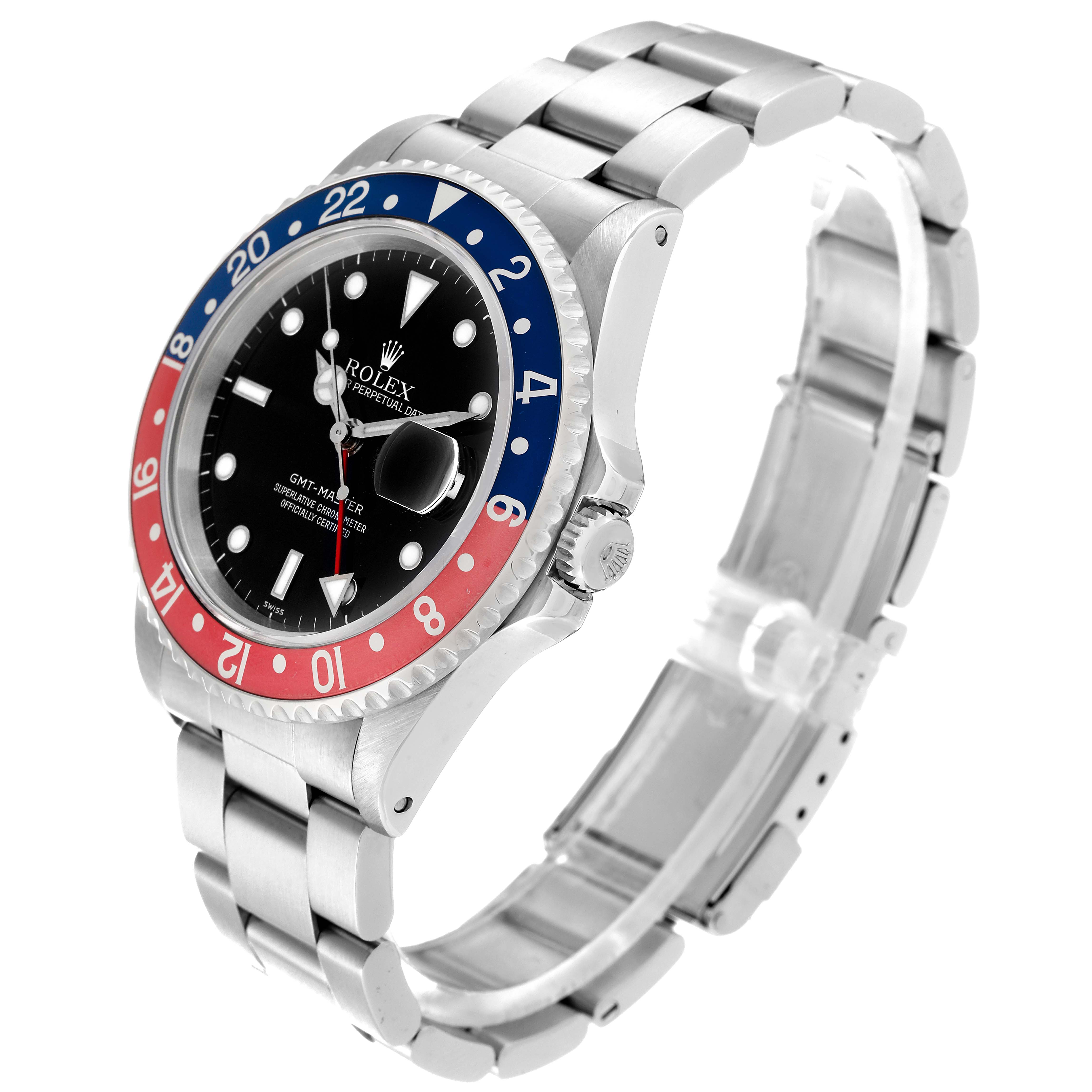The image shows a side-angled view of a Rolex GMT-Master 16700 Men's Stainless Steel Black Dial 16700 Men's Stainless Steel Black Dial watch, displaying the dial, bezel, crown, and bracelet.