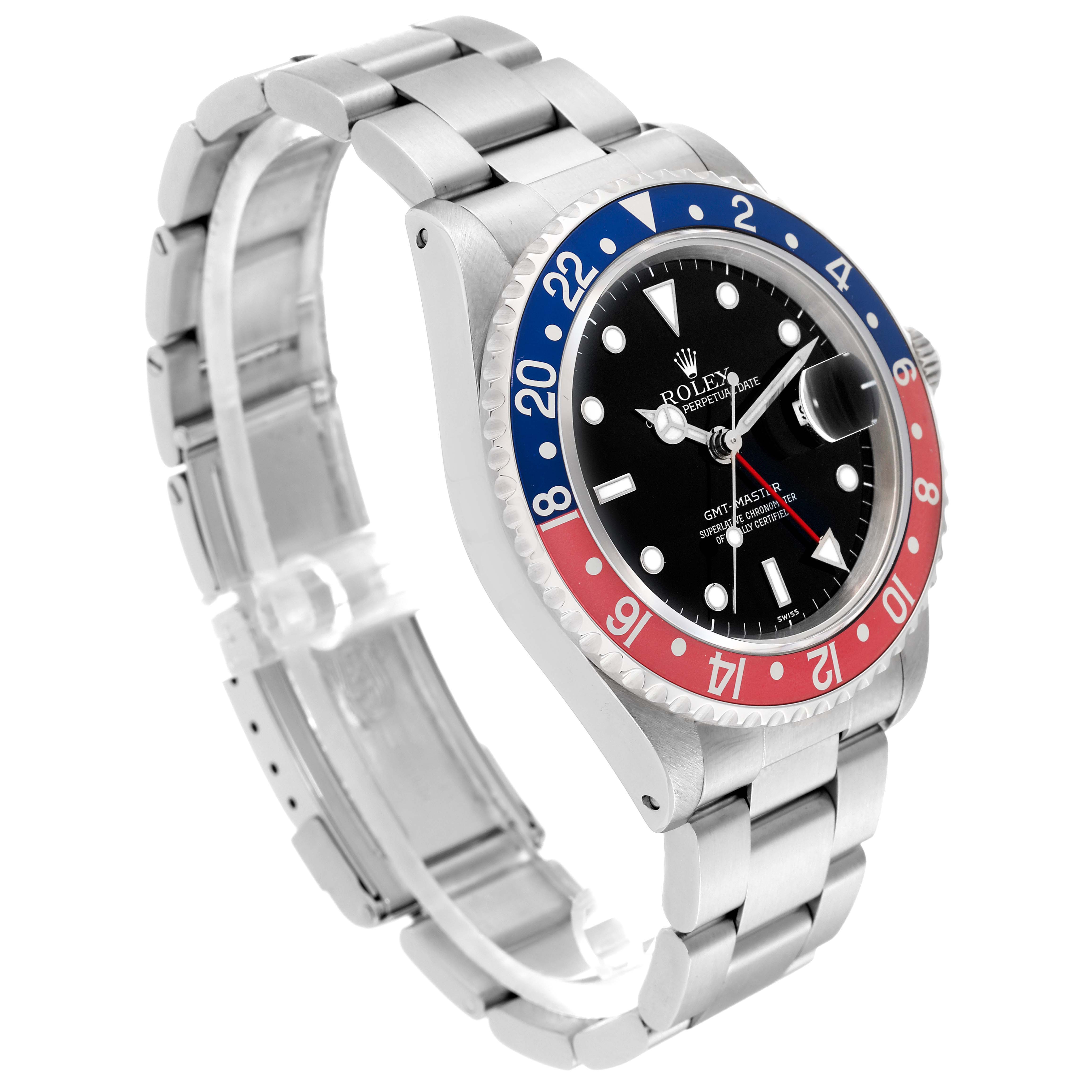 The Rolex GMT-Master 16700 Men's Stainless Steel Black Dial 16700 Men's Stainless Steel Black Dial watch is shown at an angled view, highlighting the bezel, dial, hands, crown, and stainless steel bracelet.