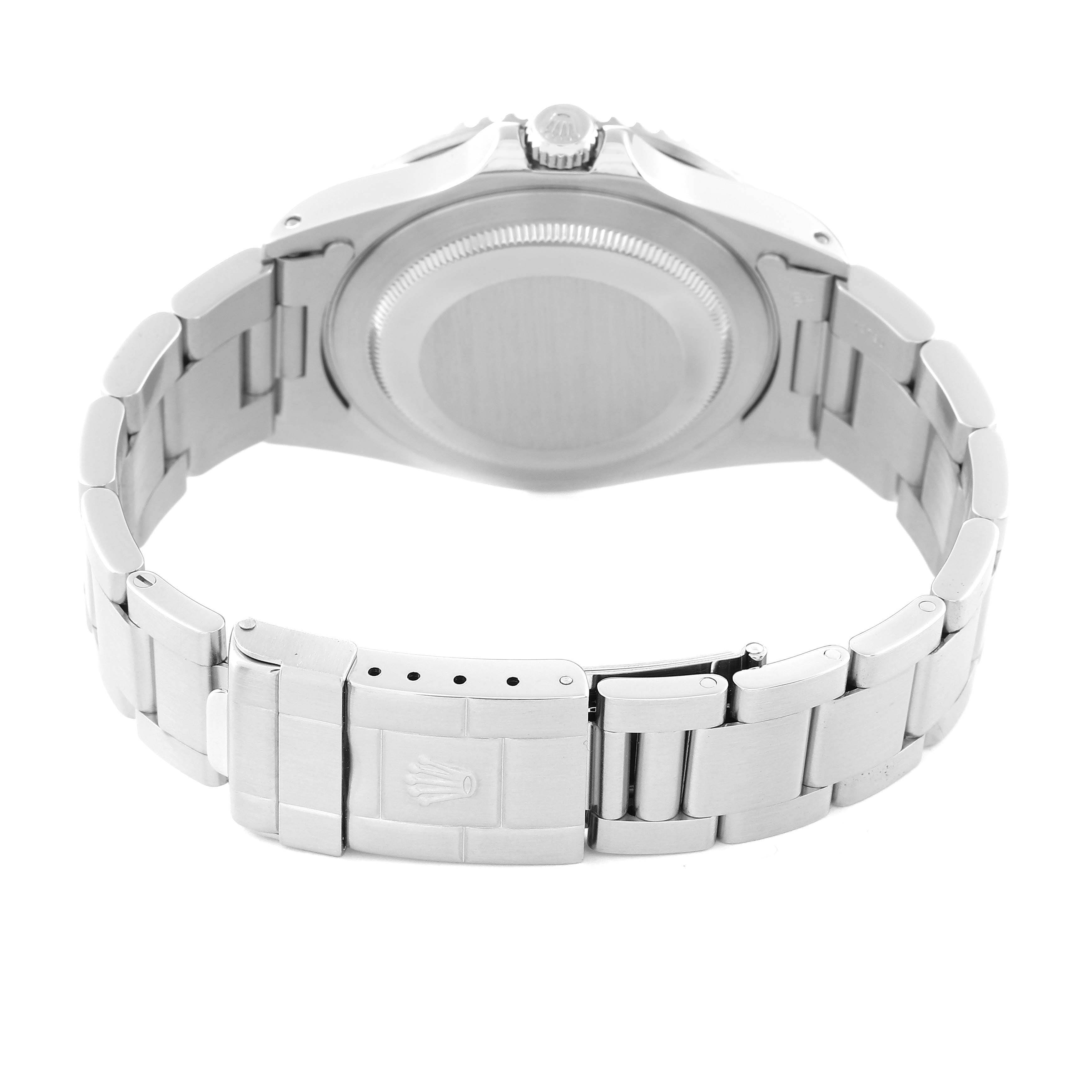 This image shows the back view of a Rolex GMT-Master 16700 Men's Stainless Steel Black Dial 16700 Men's Stainless Steel Black Dial watch, including the case back, bracelet, and clasp.