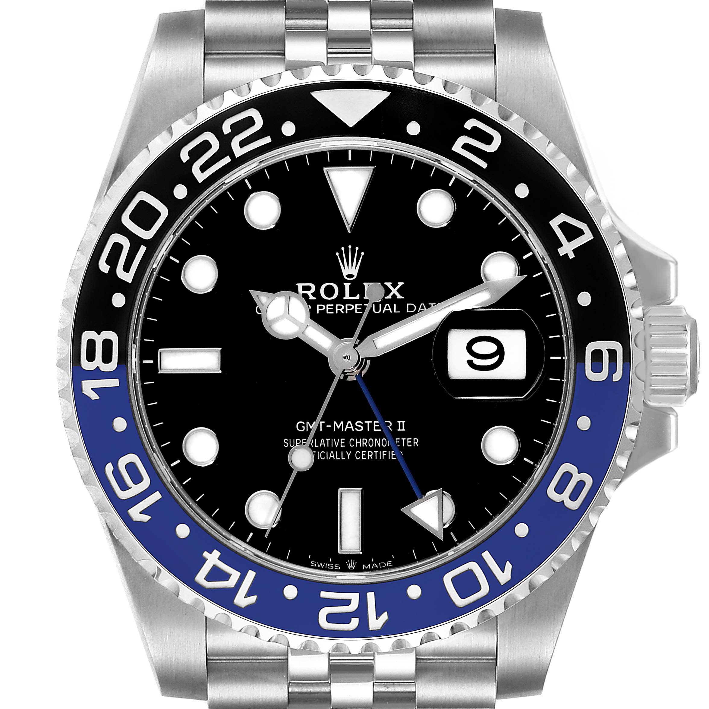 The image shows a front view of a Rolex GMT-Master 126710 Men
s Stainless Steel Black Dial 126710 Men
s Stainless Steel Black Dial II watch, displaying the bezel, dial, hands, and bracelet.