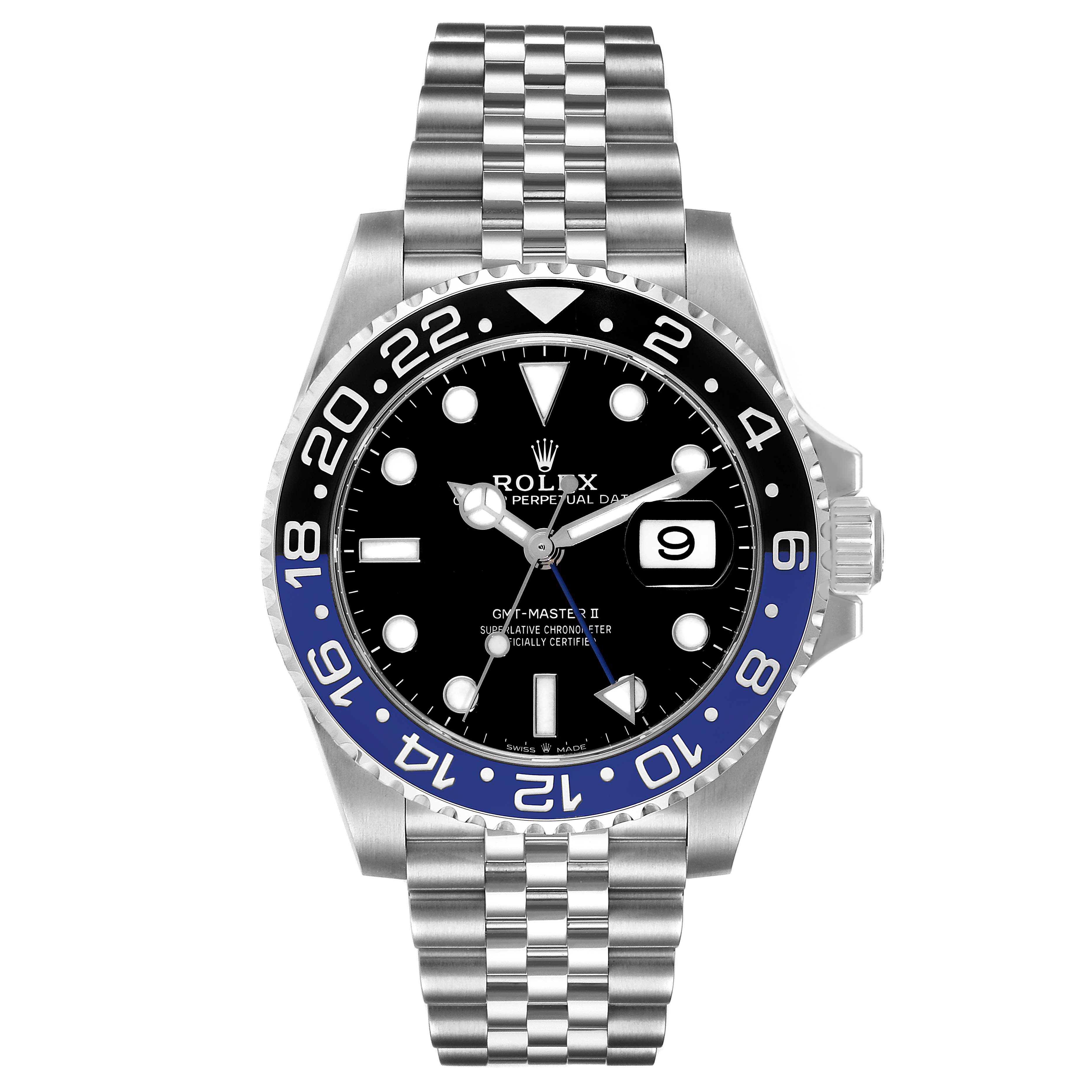 The image shows a front view of a Rolex GMT-Master 126710 Men
s Stainless Steel Black Dial 126710 Men
s Stainless Steel Black Dial watch, displaying its face, bezel, and bracelet.