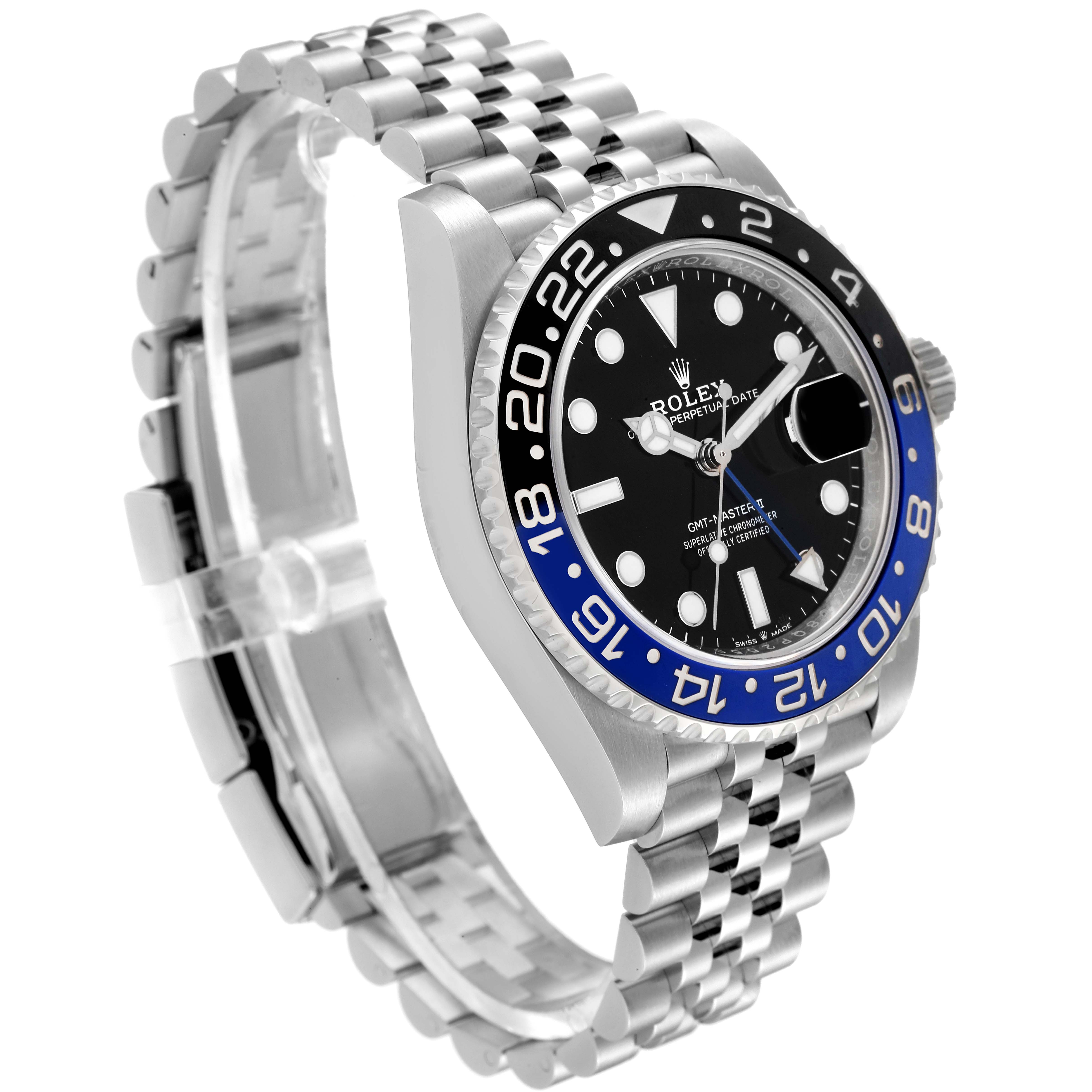 The image shows a Rolex GMT-Master 126710 Men
s Stainless Steel Black Dial 126710 Men
s Stainless Steel Black Dial II watch from an angled side view, highlighting the dial, bezel, and bracelet.