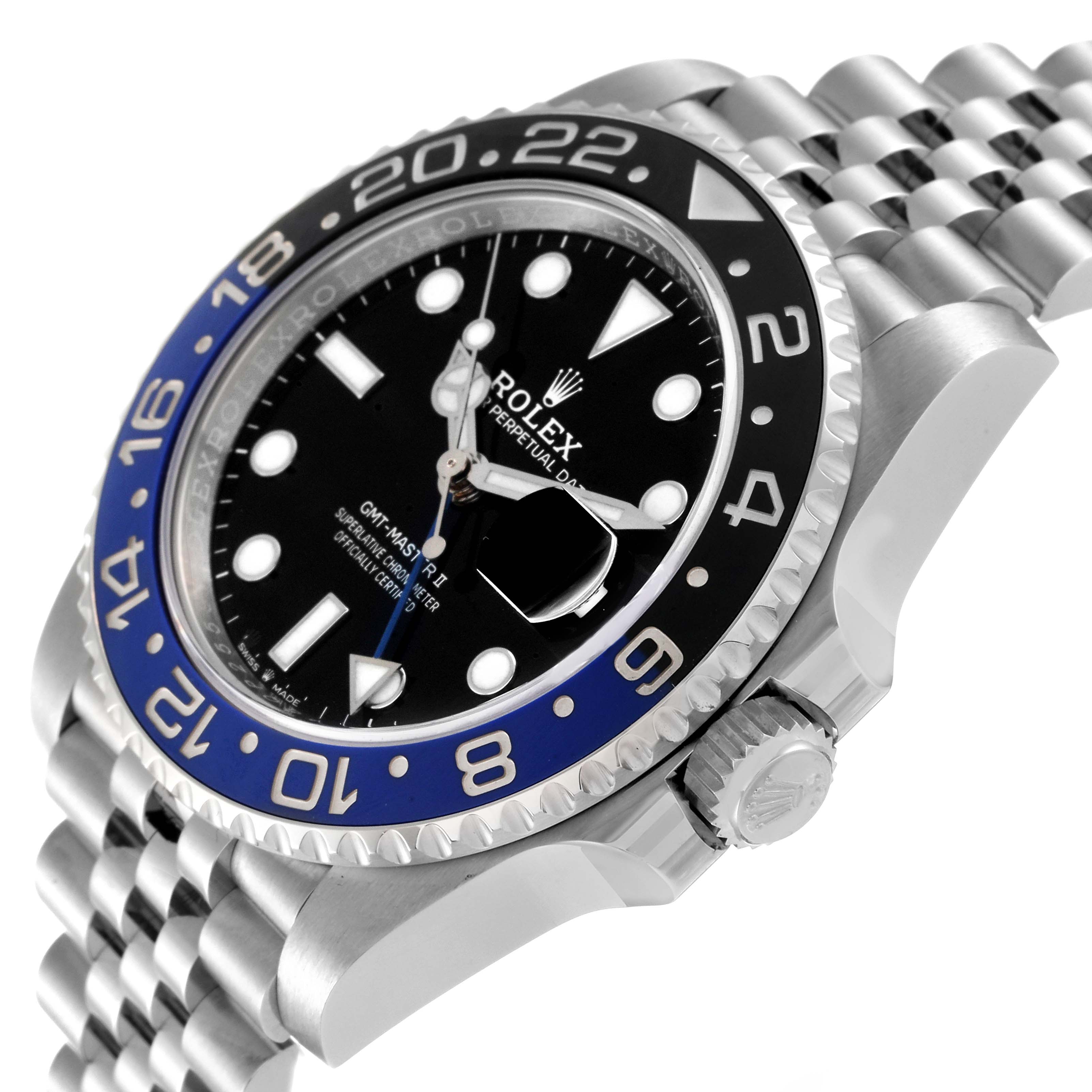 The image shows a Rolex GMT-Master 126710 Men
s Stainless Steel Black Dial 126710 Men
s Stainless Steel Black Dial watch from an angled view, highlighting the bezel, dial, crown, and part of the bracelet.