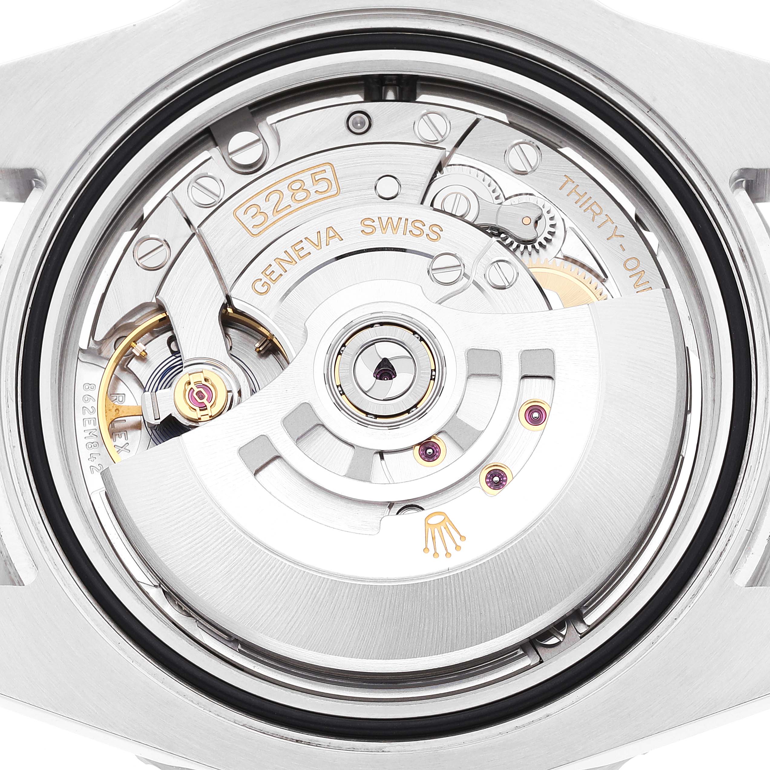 The image shows the movement mechanism of a Rolex GMT-Master 126710 Men
s Stainless Steel Black Dial 126710 Men
s Stainless Steel Black Dial watch, including the rotor and various gears, viewed from the back.