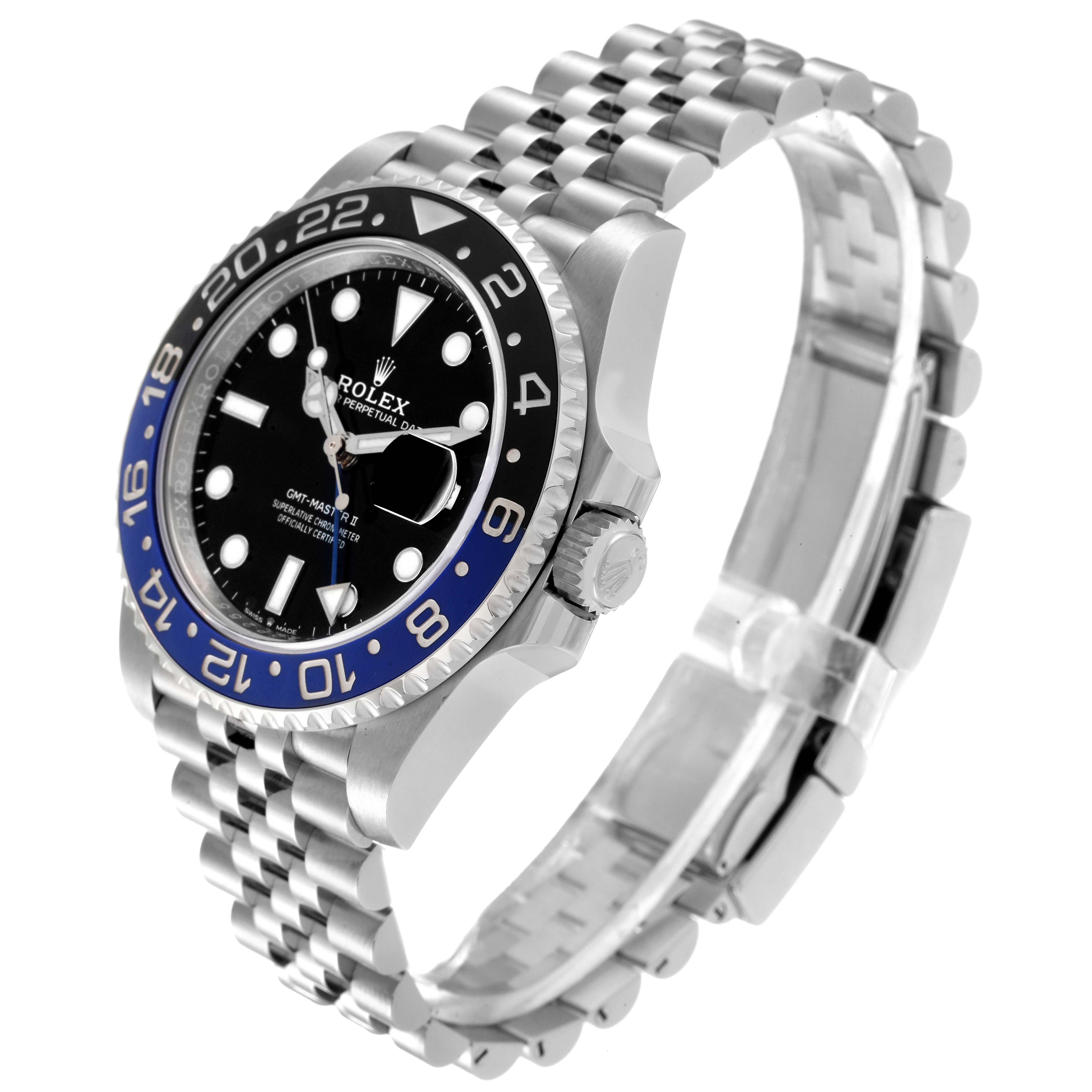 This Rolex GMT-Master 126710 Men
s Stainless Steel Black Dial 126710 Men
s Stainless Steel Black Dial watch is shown at a slight angle highlighting the face, crown, and bracelet.