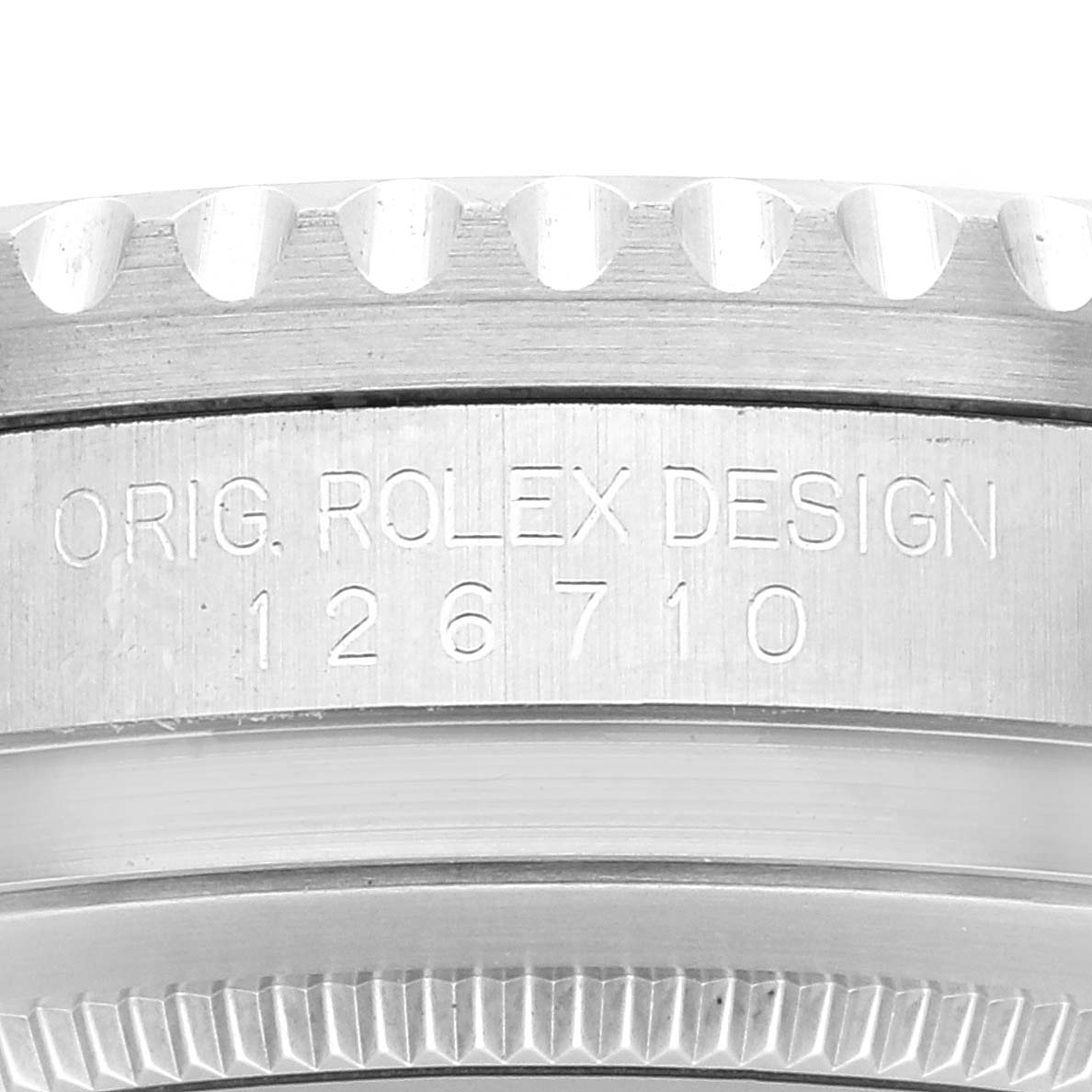 This image shows the engraved case side of the Rolex GMT-Master 126710 Men
s Stainless Steel Black Dial 126710 Men
s Stainless Steel Black Dial model 126710.