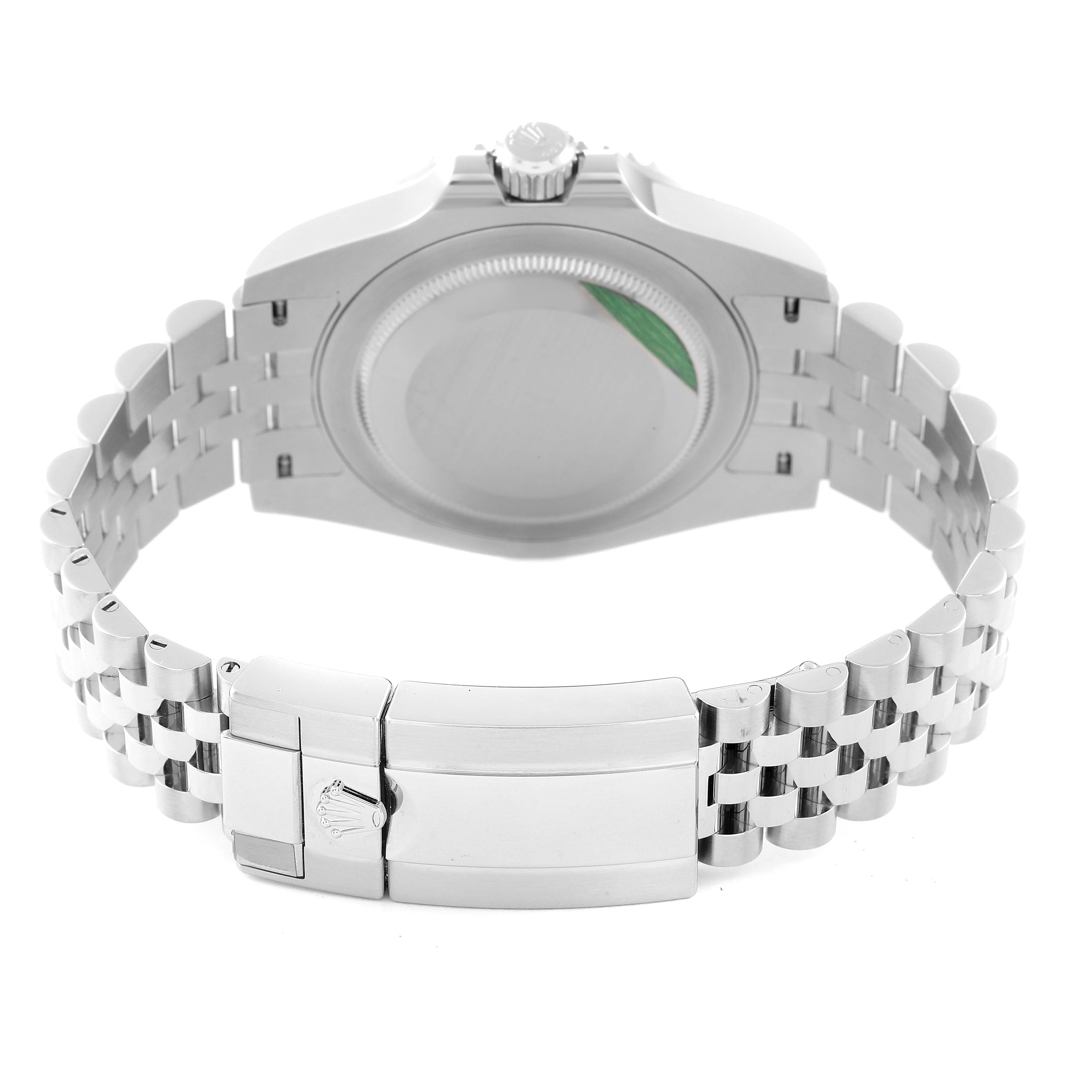 This image shows the back view of a Rolex GMT-Master 126710 Men
s Stainless Steel Black Dial 126710 Men
s Stainless Steel Black Dial watch, highlighting its case, crown, and bracelet clasp.