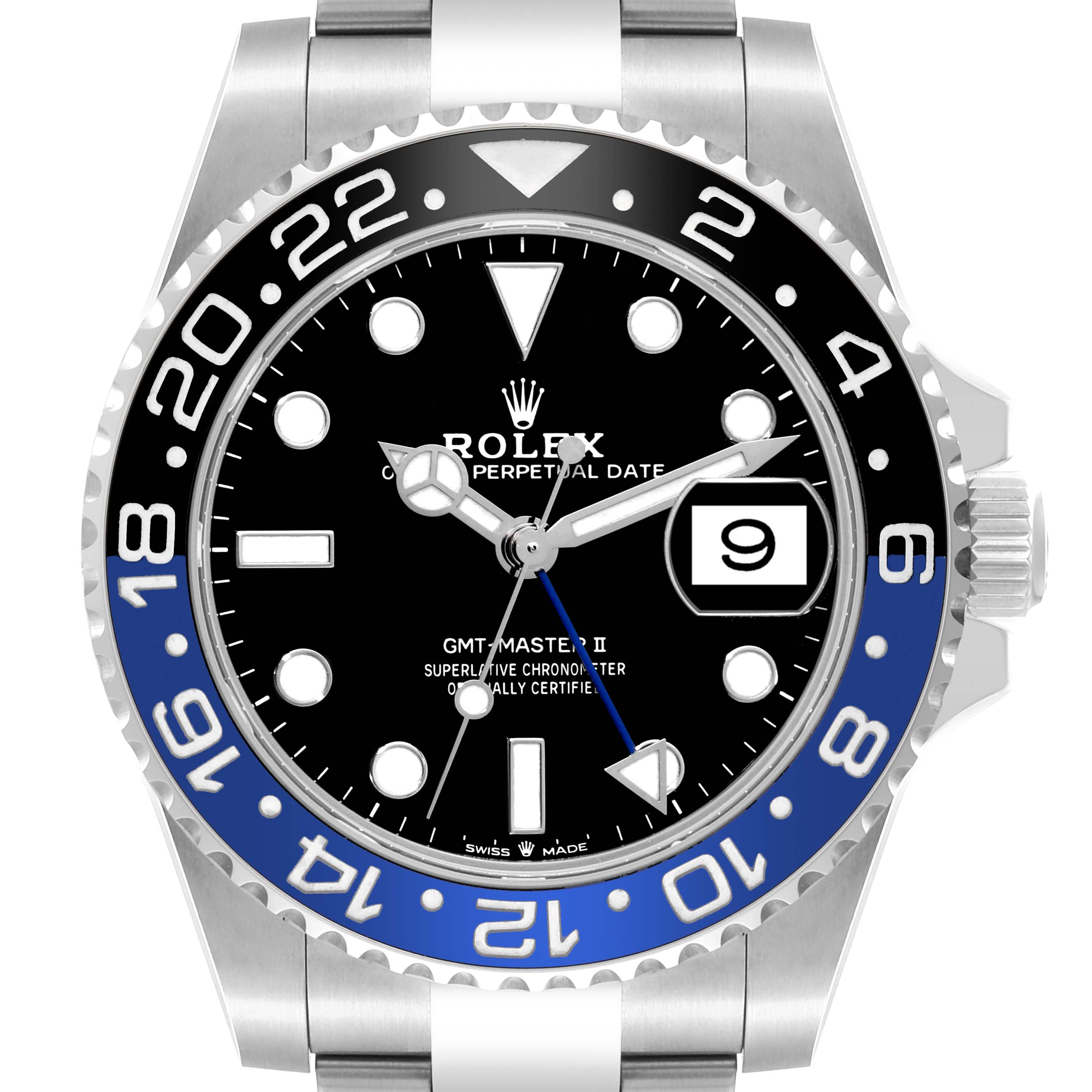 The image shows a front view of the Rolex GMT-Master 126710BLNR Men's Stainless Steel Black Dial 126710BLNR Men's Stainless Steel Black Dial II watch, displaying its face, bezel, hands, and part of the bracelet.