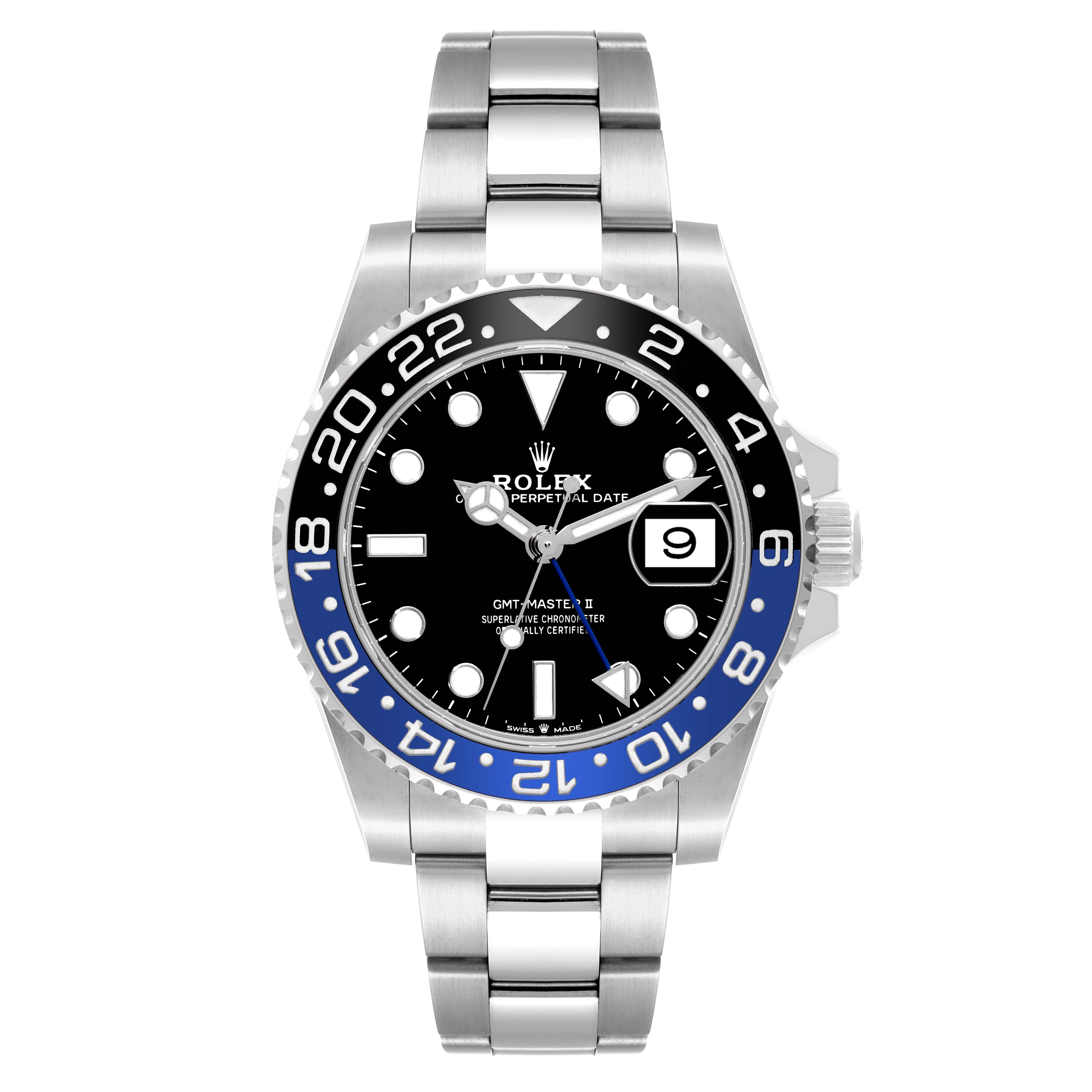 The Rolex GMT-Master 126710BLNR Men's Stainless Steel Black Dial 126710BLNR Men's Stainless Steel Black Dial II watch is shown from a front angle, highlighting its bezel, dial, and bracelet.