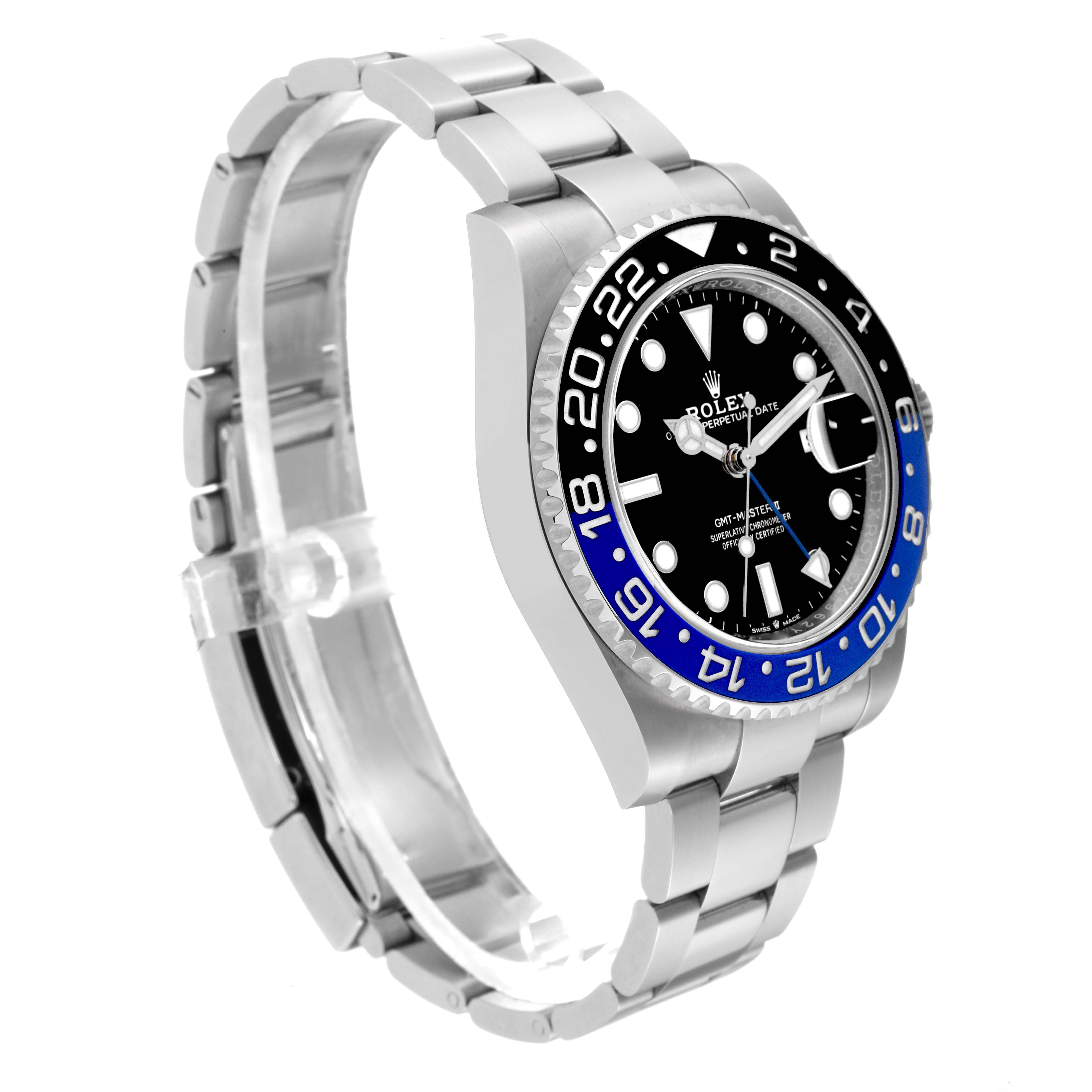 The image shows a Rolex GMT-Master 126710BLNR Men's Stainless Steel Black Dial 126710BLNR Men's Stainless Steel Black Dial watch at a slight angle, displaying the face, bezel, and bracelet.