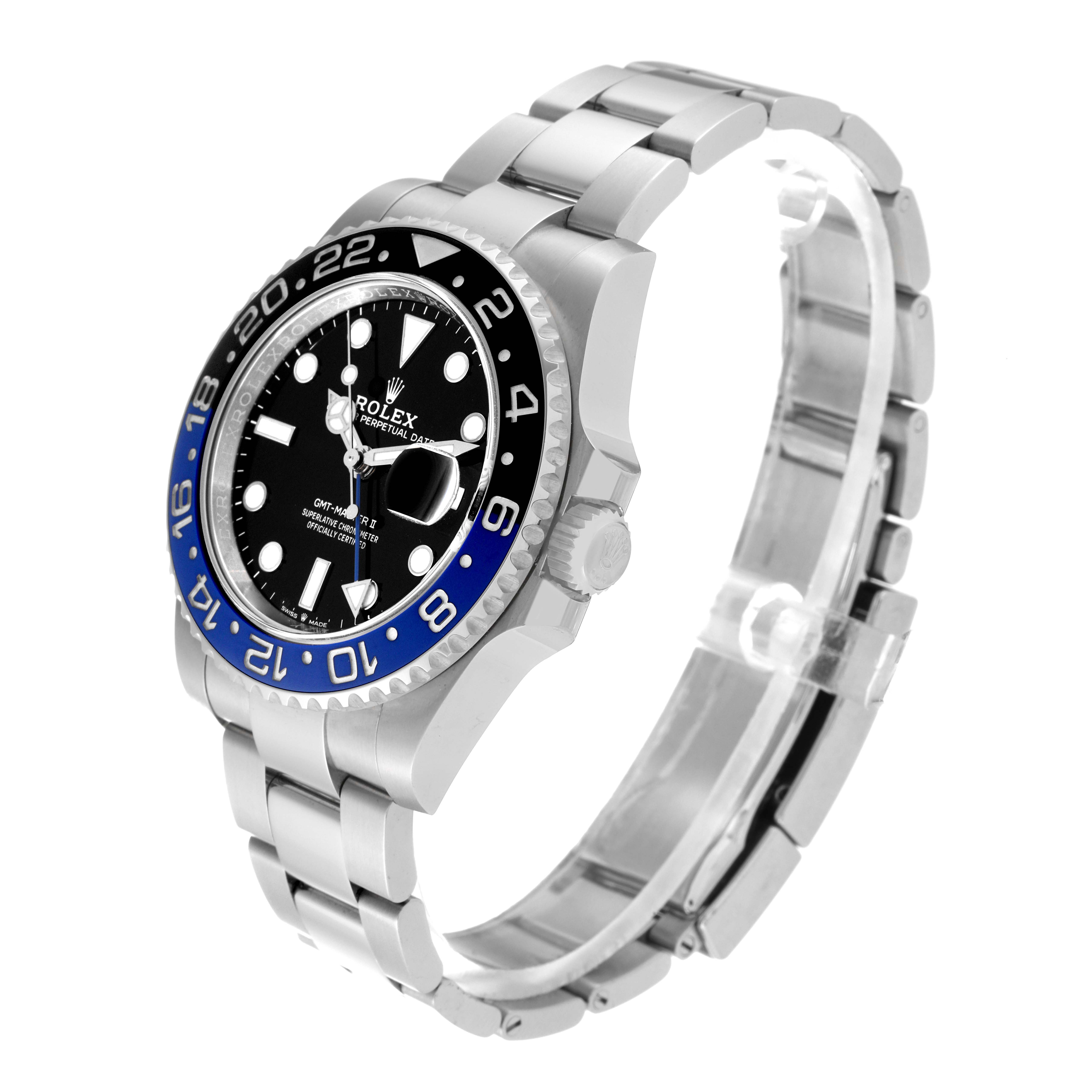 The Rolex GMT-Master 126710BLNR Men's Stainless Steel Black Dial 126710BLNR Men's Stainless Steel Black Dial watch is shown at an angled view, displaying its face, bezel, crown, and bracelet.