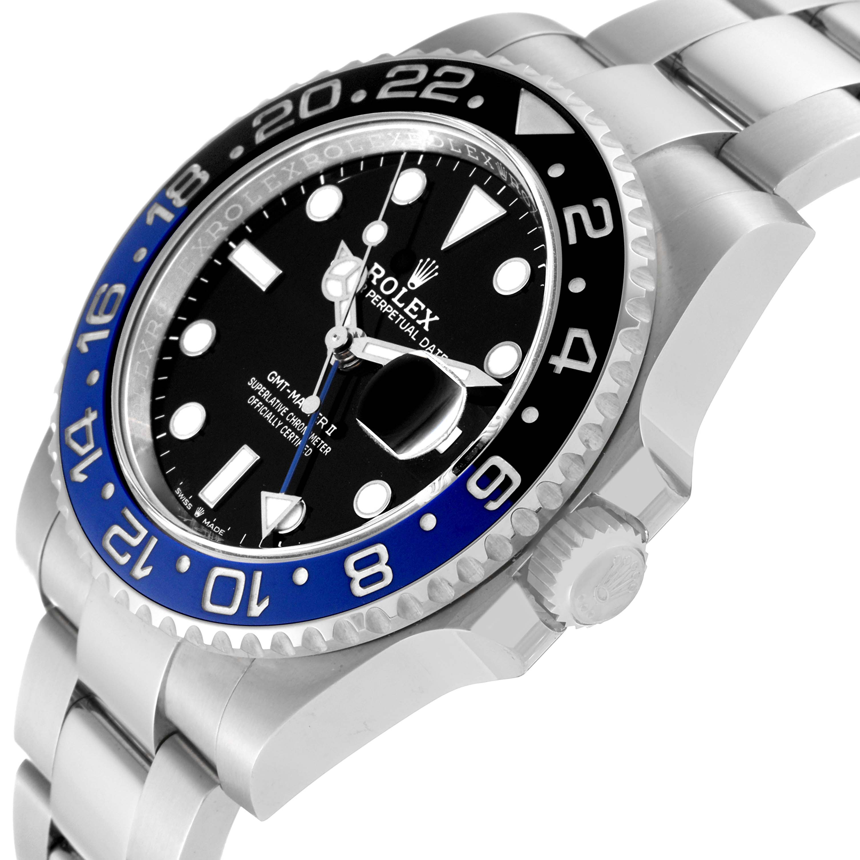 The image shows a Rolex GMT-Master 126710BLNR Men's Stainless Steel Black Dial 126710BLNR Men's Stainless Steel Black Dial watch from an oblique angle, highlighting the bezel, dial, and part of the bracelet.