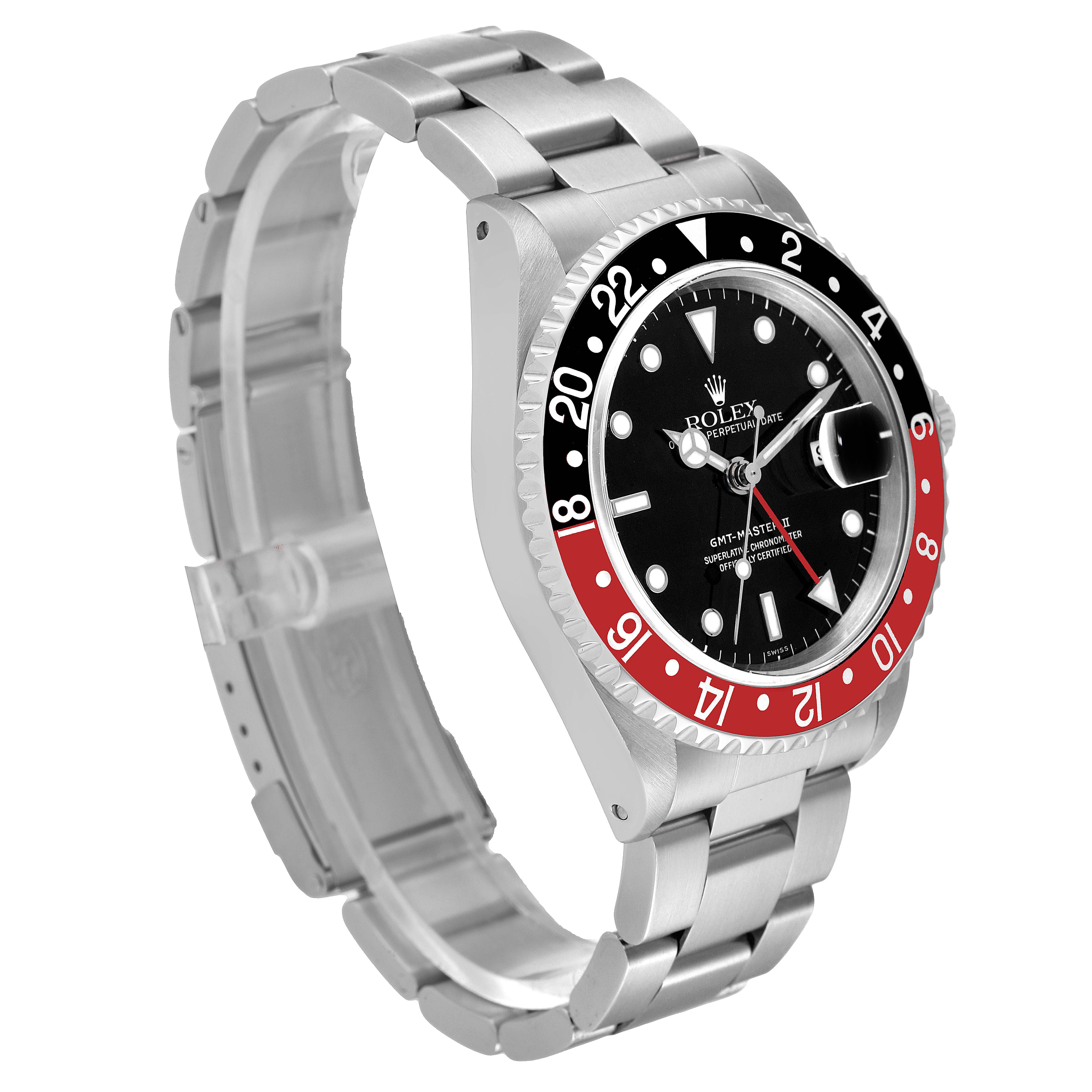 The image shows a side and front view of the Rolex GMT-Master 16710 Men's Stainless Steel Black Dial 16710 Men's Stainless Steel Black Dial watch, highlighting the bezel, face, and part of the bracelet.