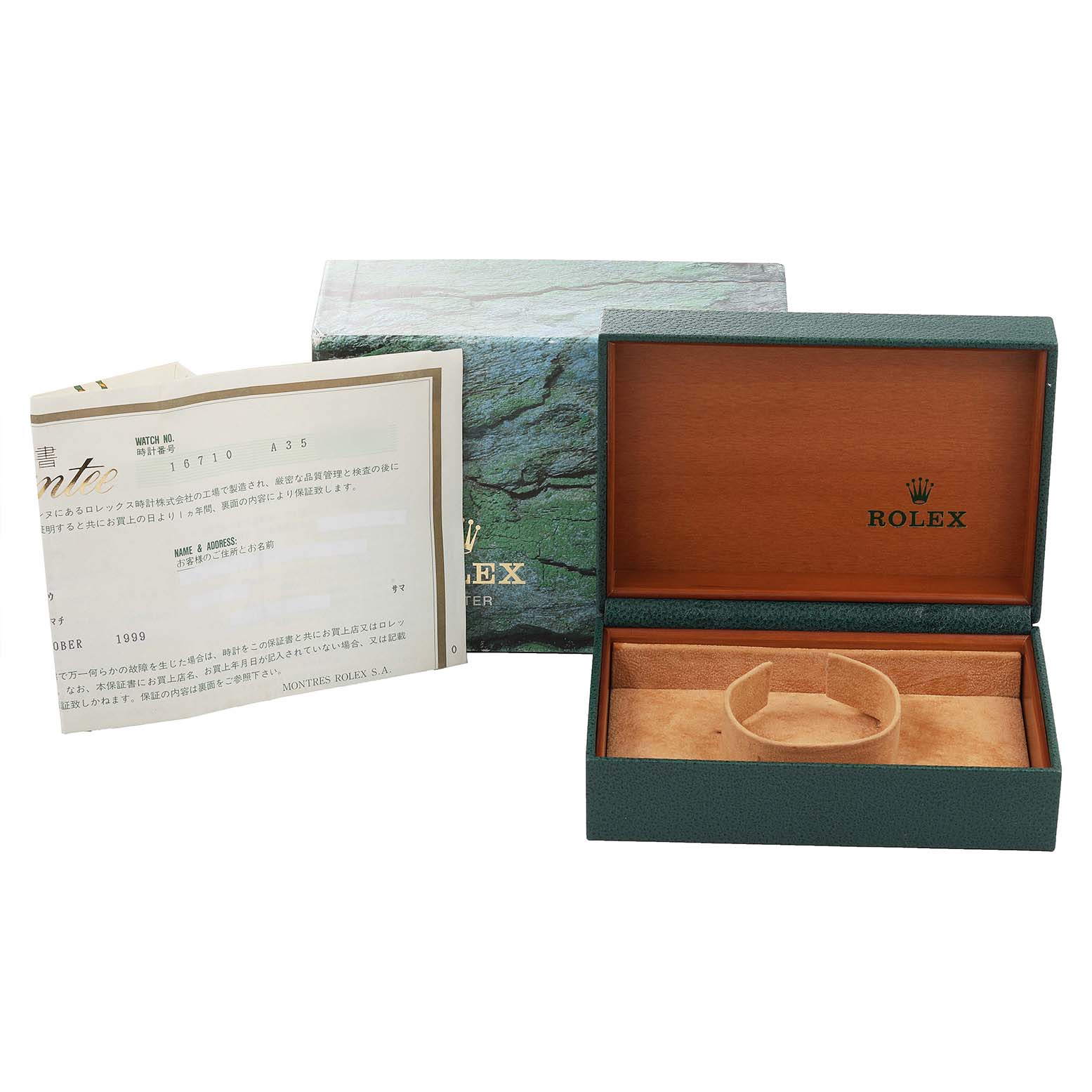 This image shows the open box, cover, and paperwork for a Rolex GMT-Master 16710 Men's Stainless Steel Black Dial 16710 Men's Stainless Steel Black Dial watch.