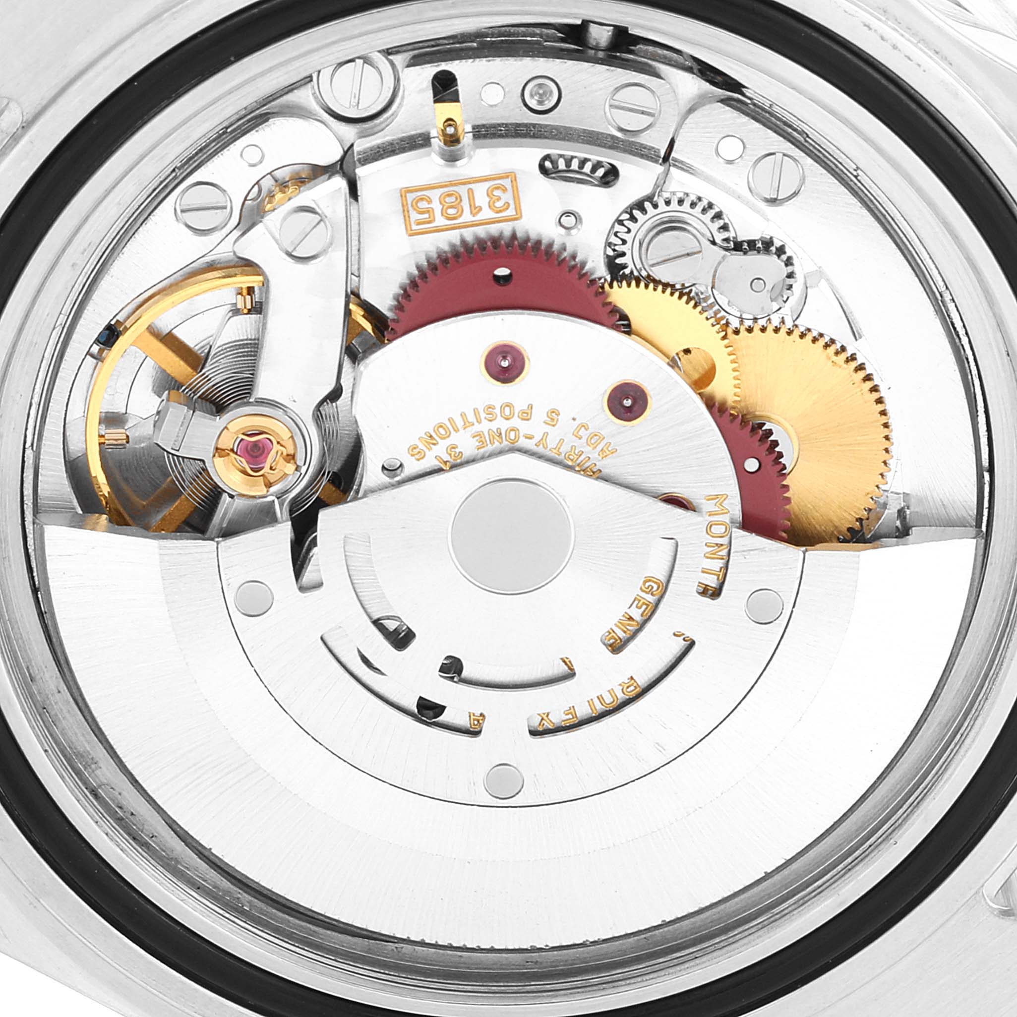 This is a close-up view of the internal mechanism of a Rolex GMT-Master 16710 Men's Stainless Steel Black Dial 16710 Men's Stainless Steel Black Dial watch shown from the back.