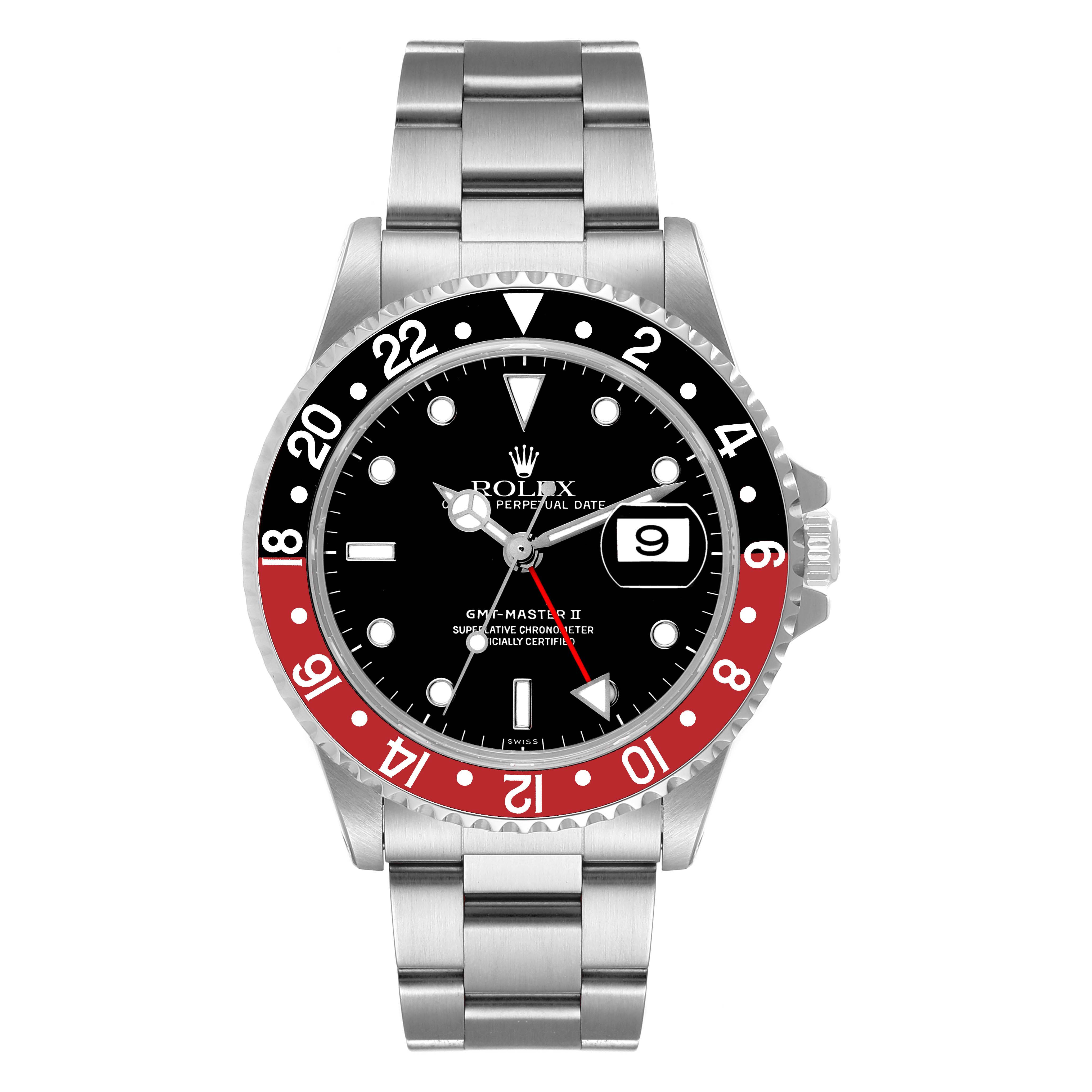 This is a top-down view of a Rolex GMT-Master 16710 Men's Stainless Steel Black Dial 16710 Men's Stainless Steel Black Dial II watch, showing the bezel, dial, hands, date window, and bracelet.